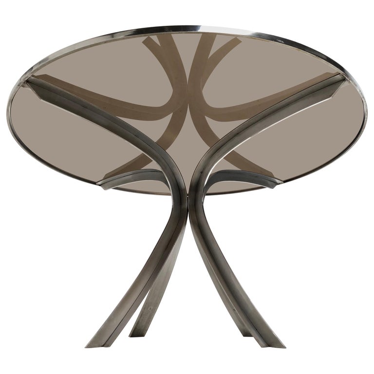 Sculptural Stainless Steel Smoked Glass Dining Table by Xavier Féal 1970, France For Sale