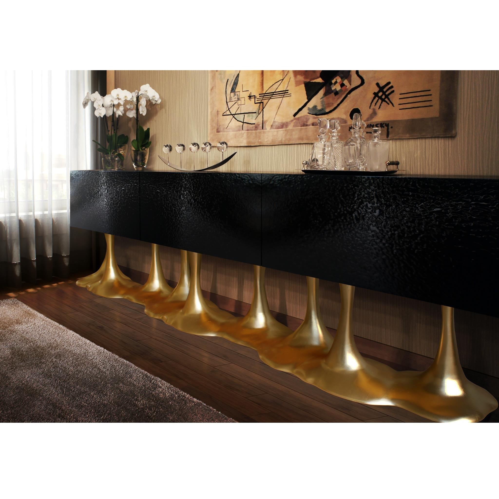 Sculptural Statement Sideboard In Bronze Patina w/ High Gloss Melting Black Base For Sale 2