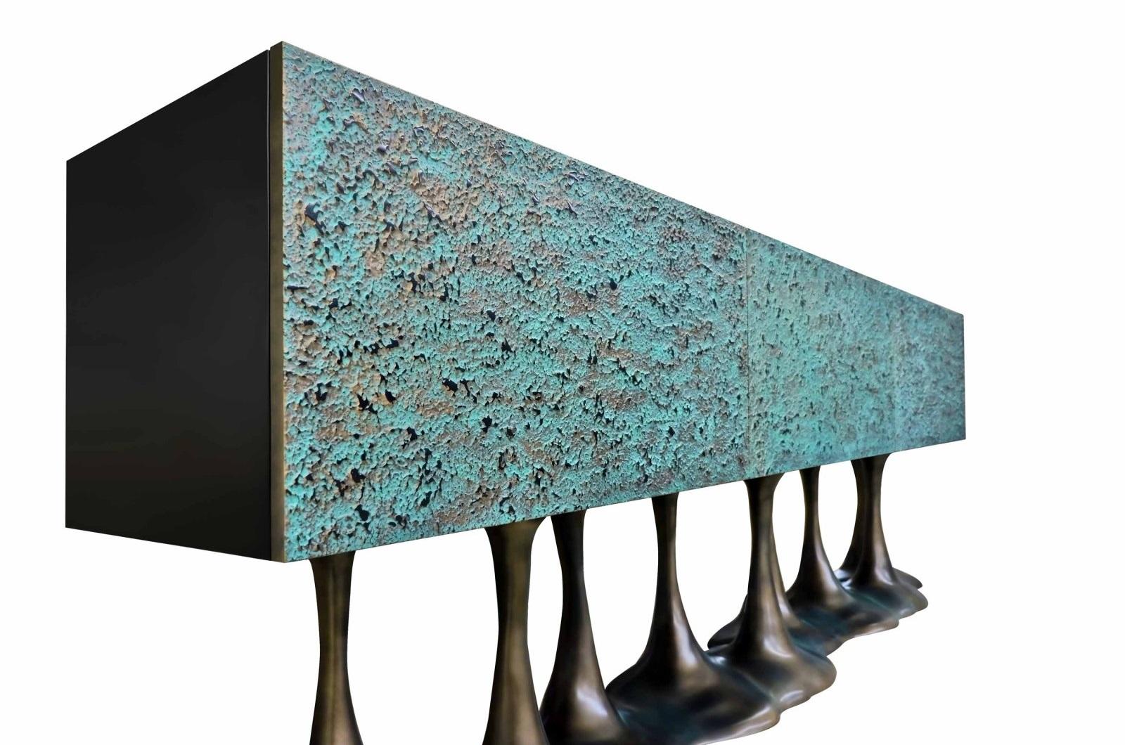 Portuguese Sculptural Statement Sideboard In Bronze Patina w/ High Gloss Melting Black Base For Sale