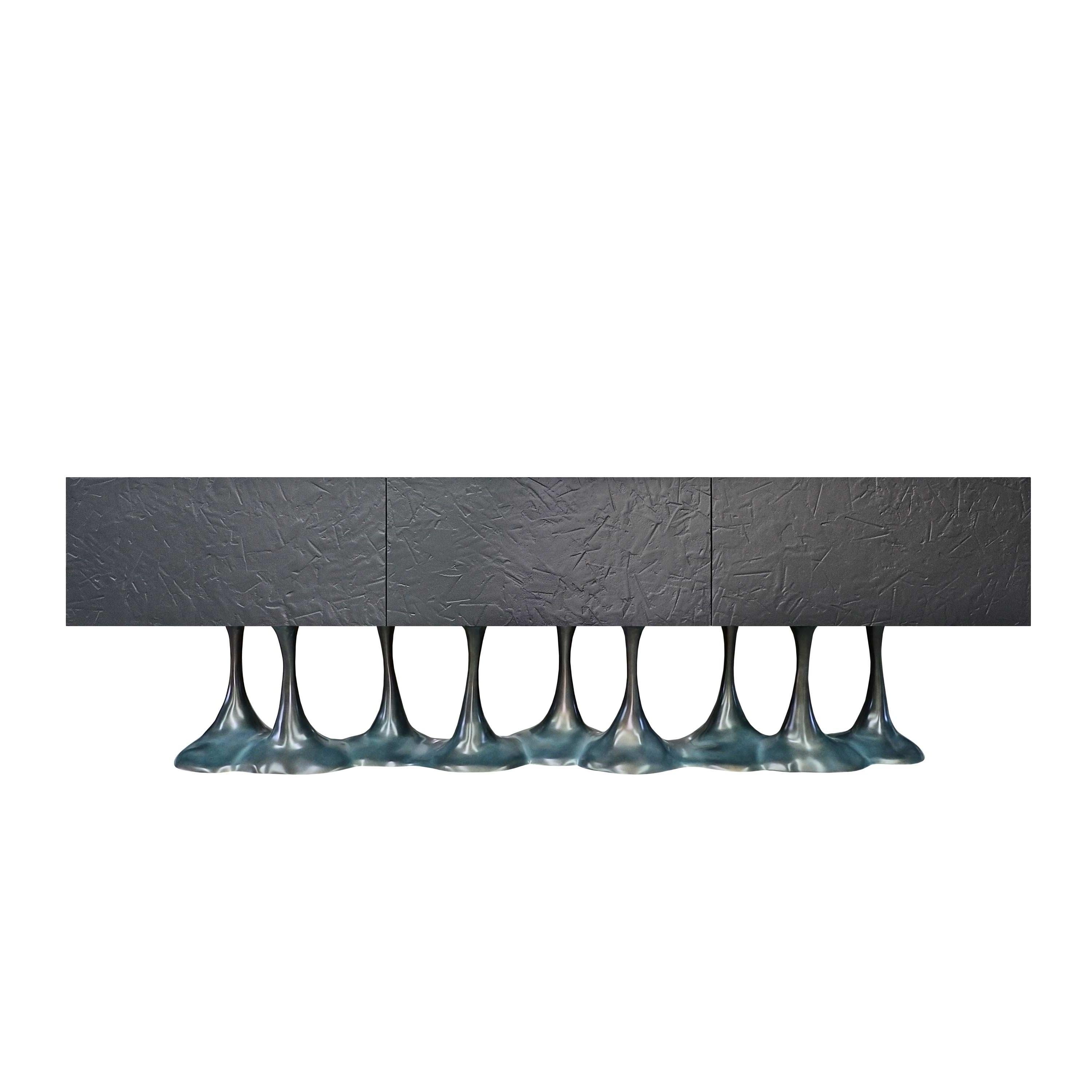 Hand-Crafted Sculptural Statement Sideboard In Bronze Patina w/ High Gloss Melting Black Base For Sale