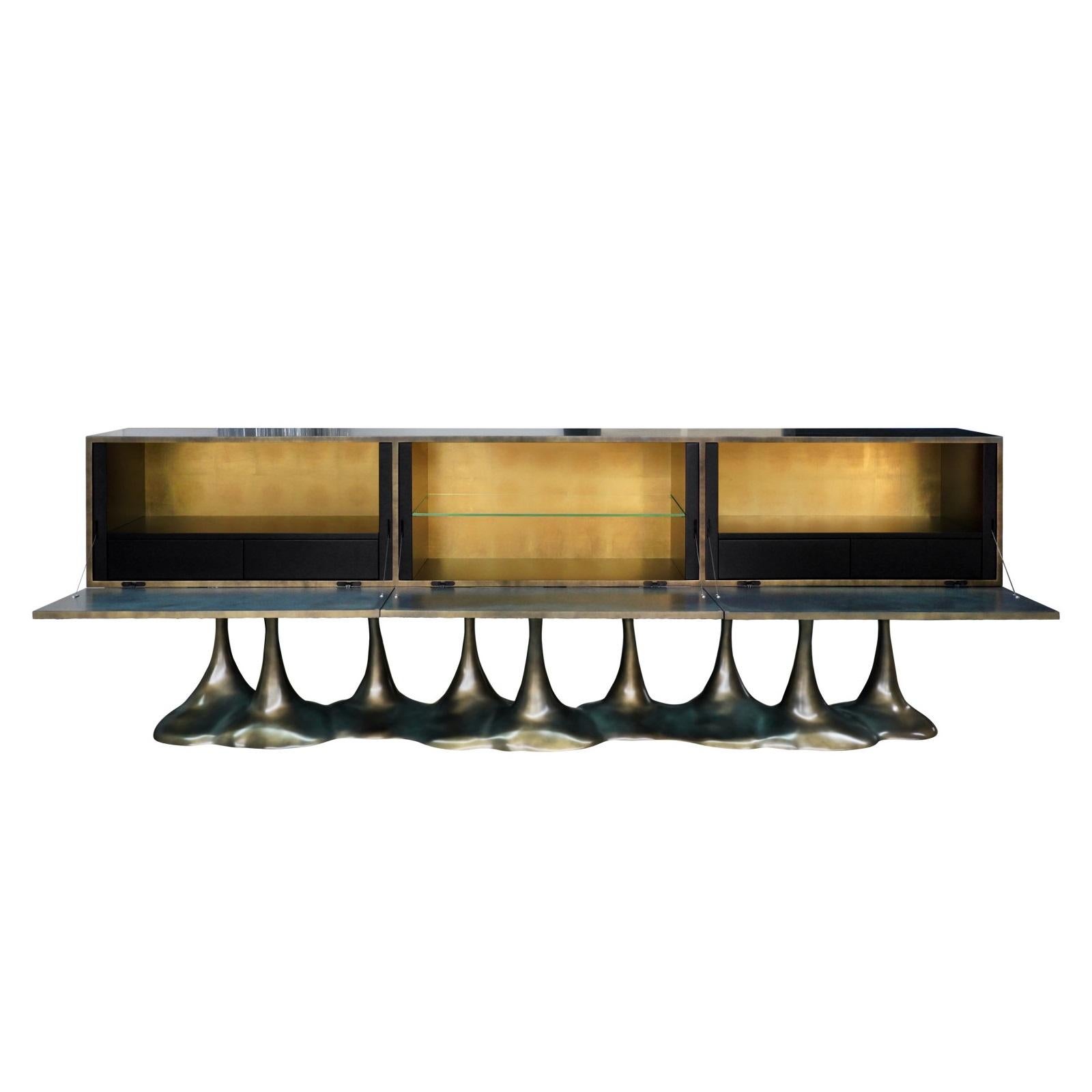 Sculptural Statement Sideboard In Bronze Patina w/ High Gloss Melting Black Base In New Condition For Sale In NEW YORK, NY