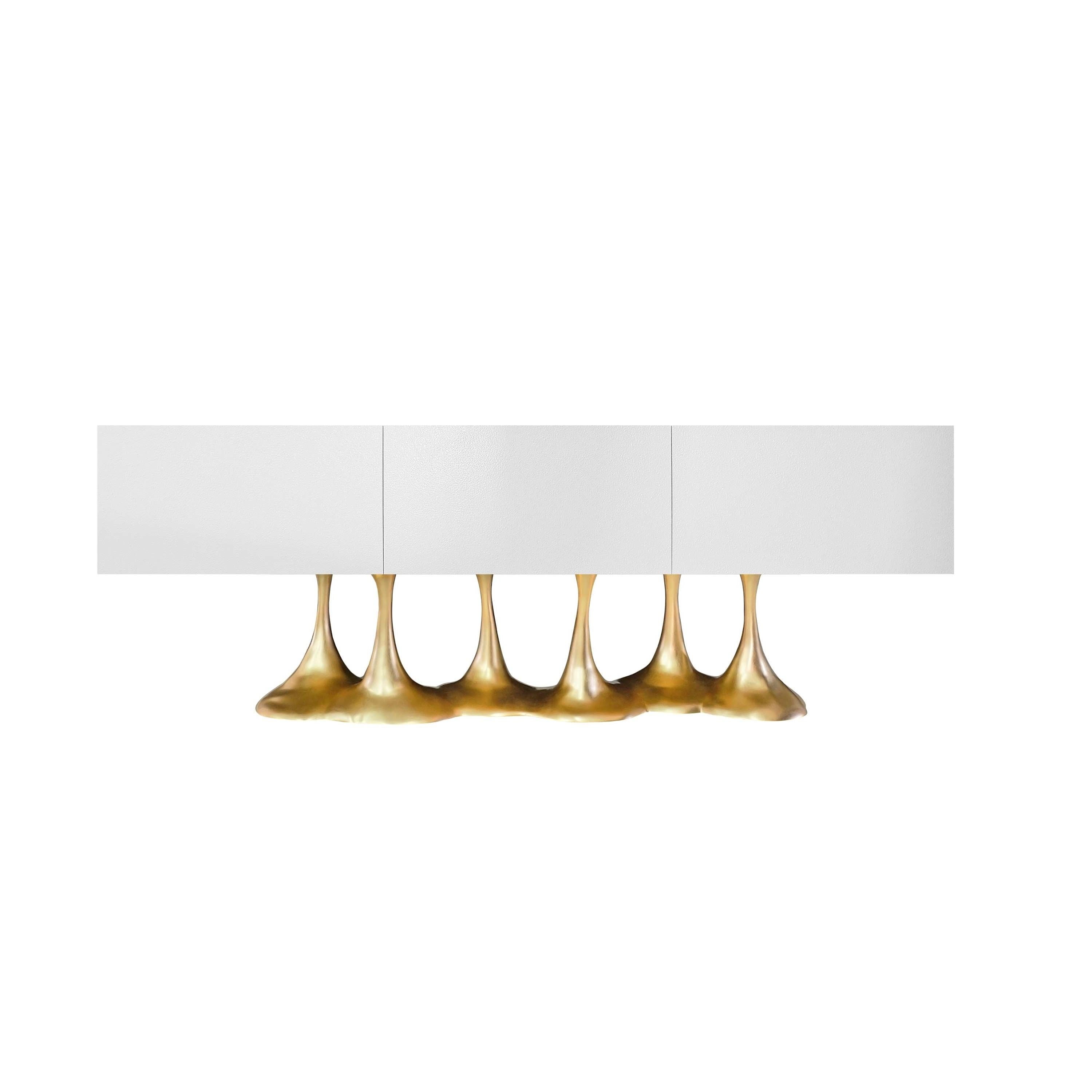 Contemporary Sculptural Statement Sideboard In Bronze Patina w/ High Gloss Melting Black Base For Sale