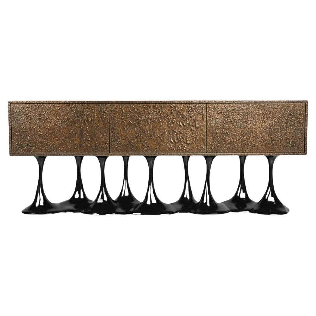 Sculptural Statement Sideboard In Bronze Patina w/ High Gloss Melting Black Base For Sale
