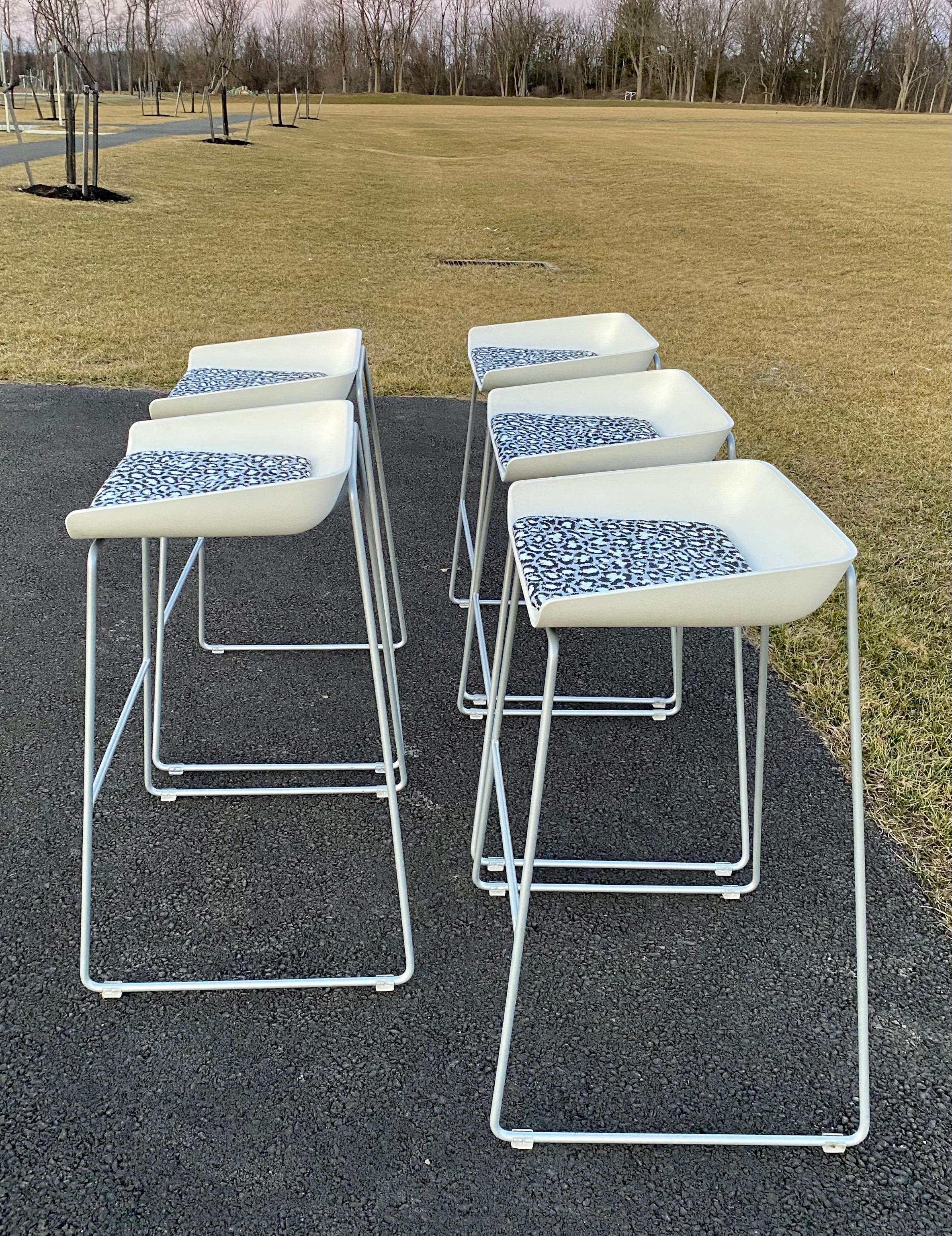 Contemporary Sculptural Steelcase Bar Stools with Diane von Furstenberg Leopard Cushions For Sale