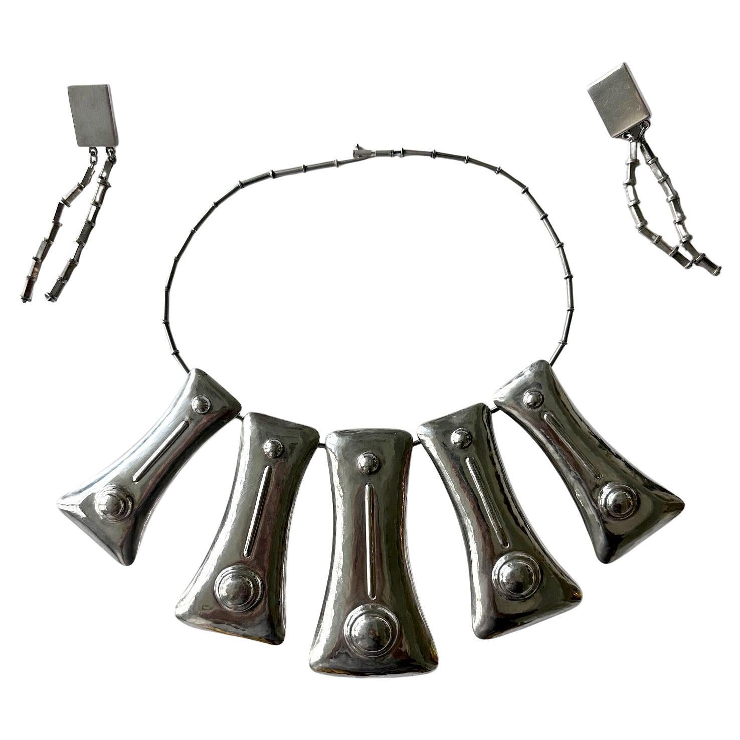 Sculptural Sterling Silver Necklace and Earrings Suite by Graziella Laffi