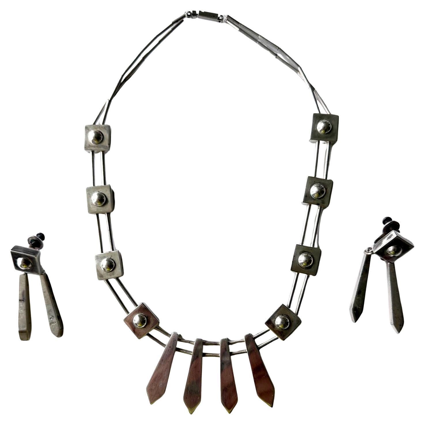 Sculptural Sterling Silver Necklace and Earrings Suite by Graziella Laffi
