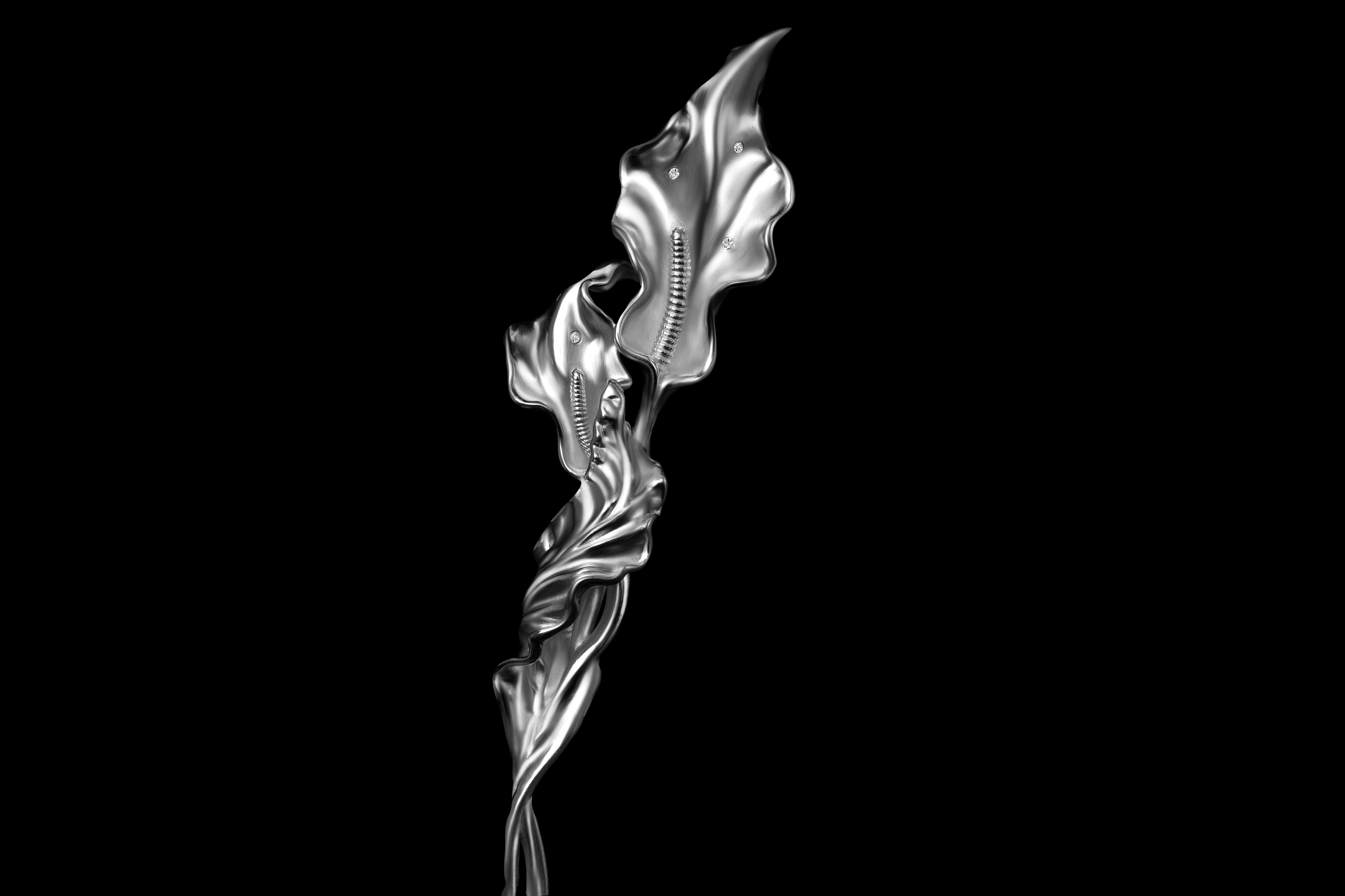 Skulpturale Austerngabel aus Sterlingsilber mit Diamanten (Brillantschliff) im Angebot