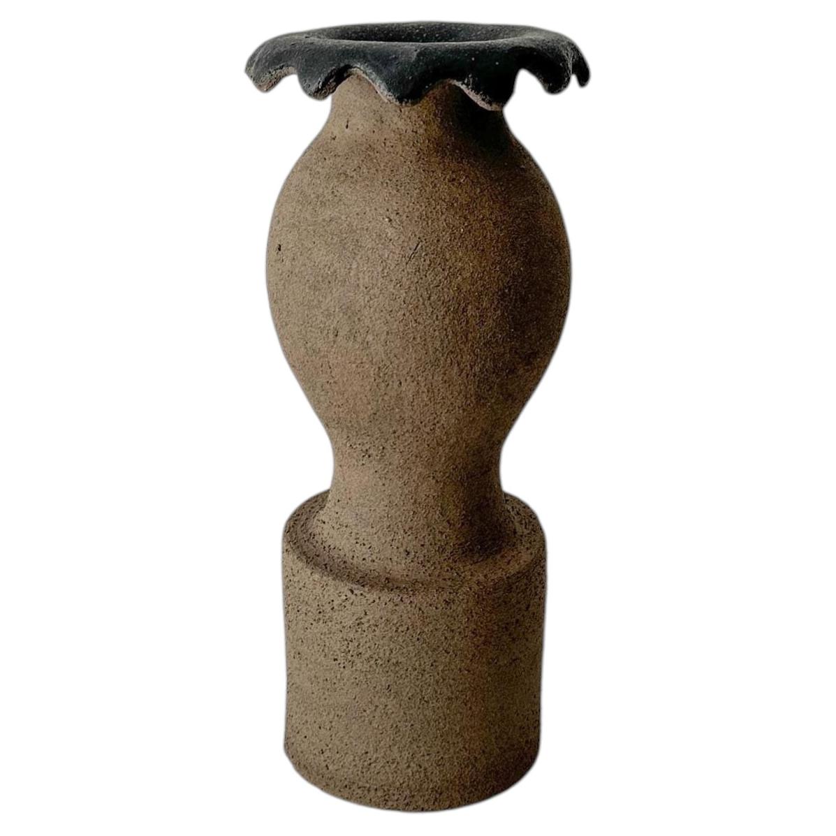 Sculptural Stoneware Brown Vase with Dark Organic Rim by Maku Ceramic