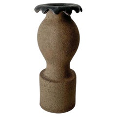 Sculptural Stoneware Brown Vase with Dark Organic Rim by Maku Ceramic