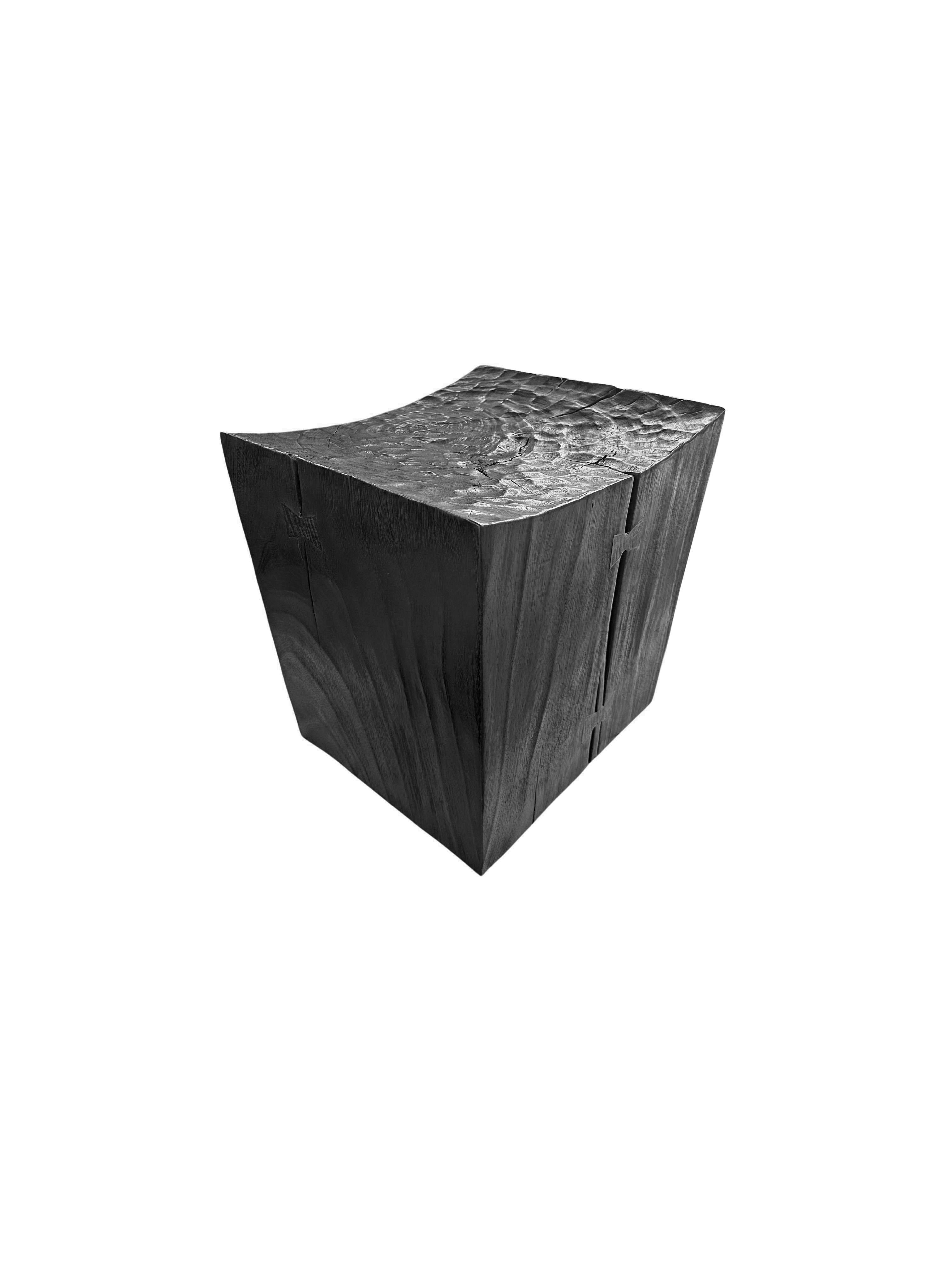 Indonesian Sculptural Stool Carved from Solid Mango Wood Modern Organic, Burnt Finish For Sale