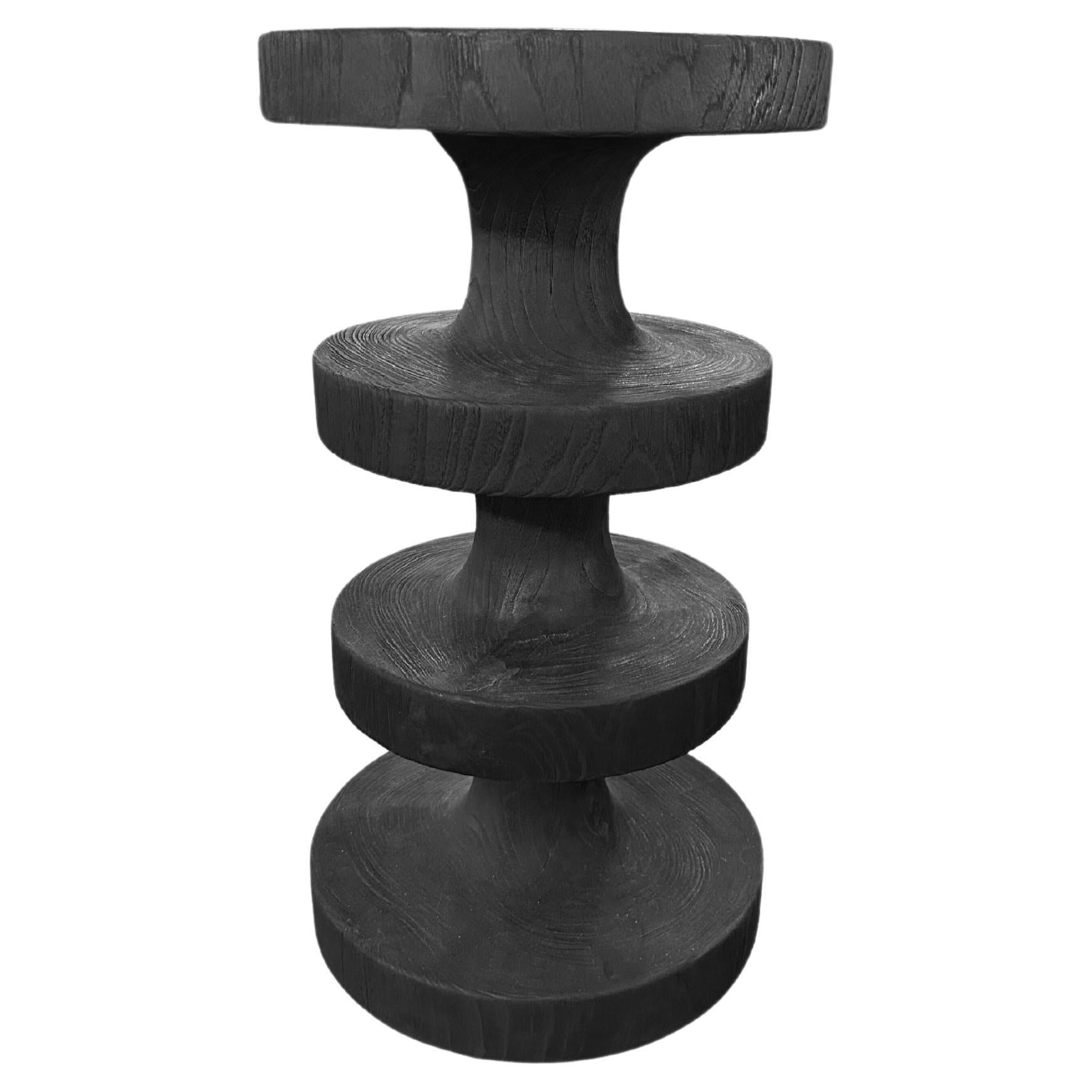 Sculptural Stool Carved from Solid Teak Wood, Burnt Finish Modern Organic For Sale