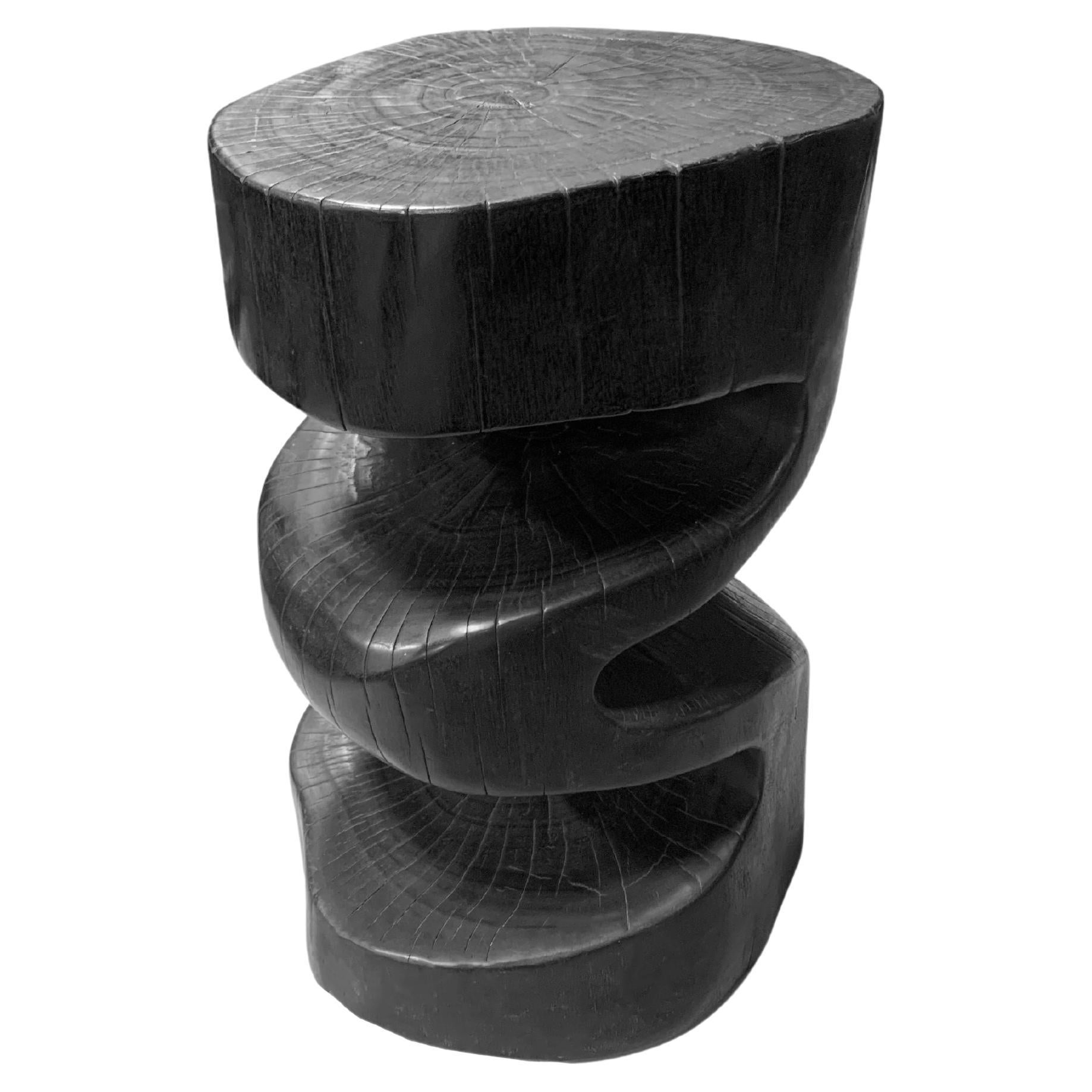 Sculptural Stool / Side Table Solid Mango Wood Burnt Finish Modern Organic