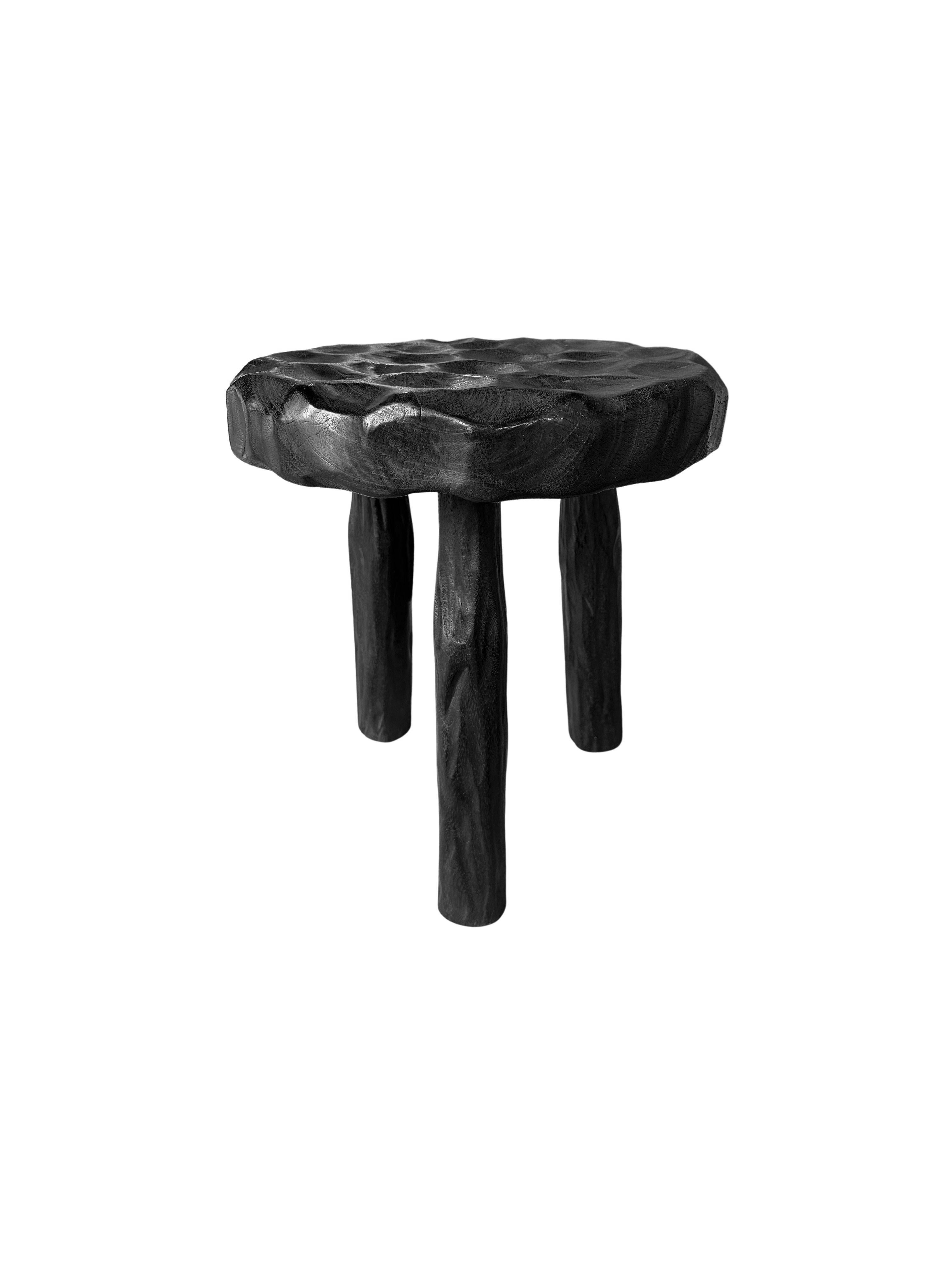 Indonesian Sculptural Stool Solid Mango Wood, Hand-Hewn Detailing, Modern Organic For Sale
