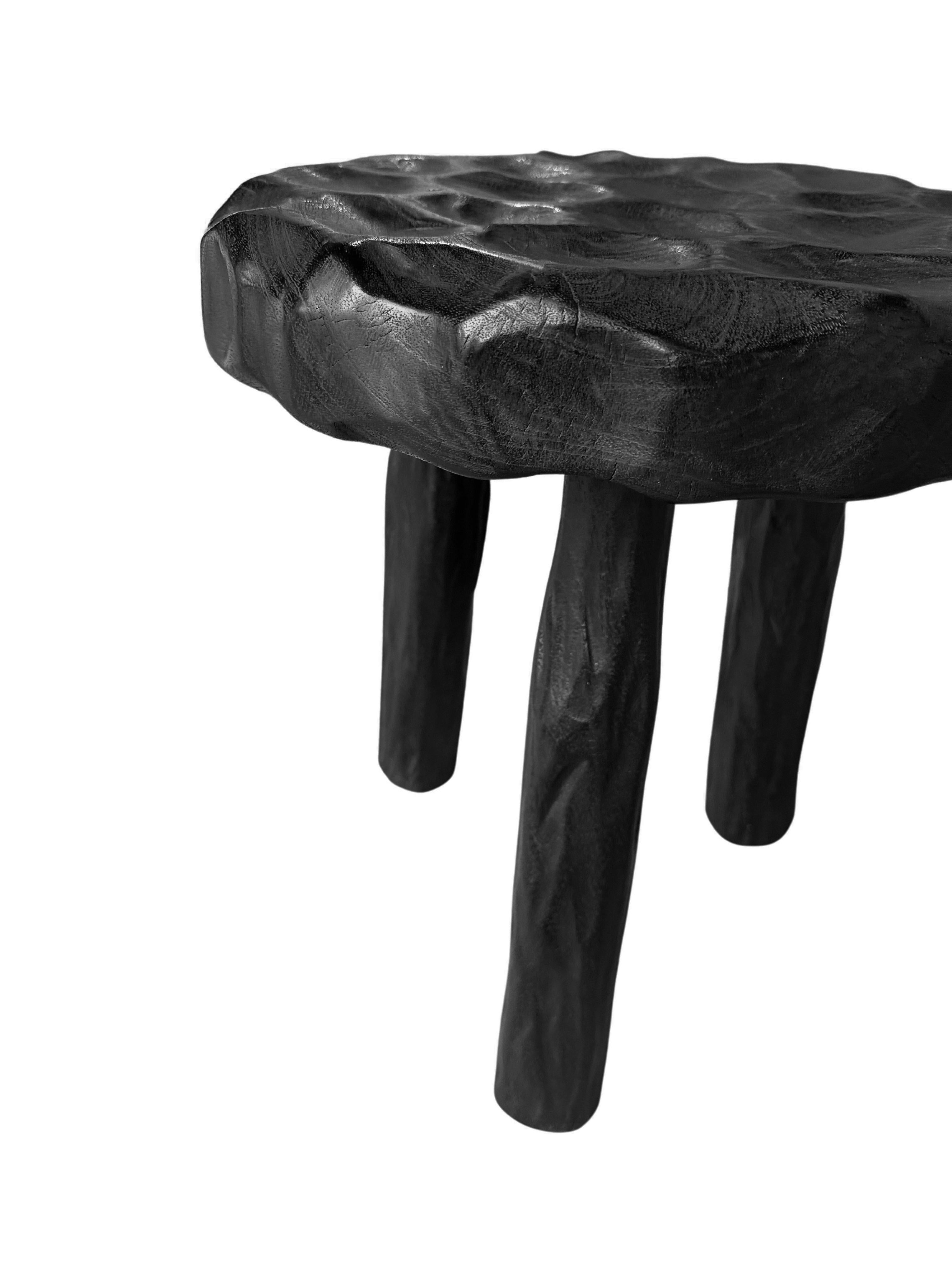 Hand-Crafted Sculptural Stool Solid Mango Wood, Hand-Hewn Detailing, Modern Organic For Sale