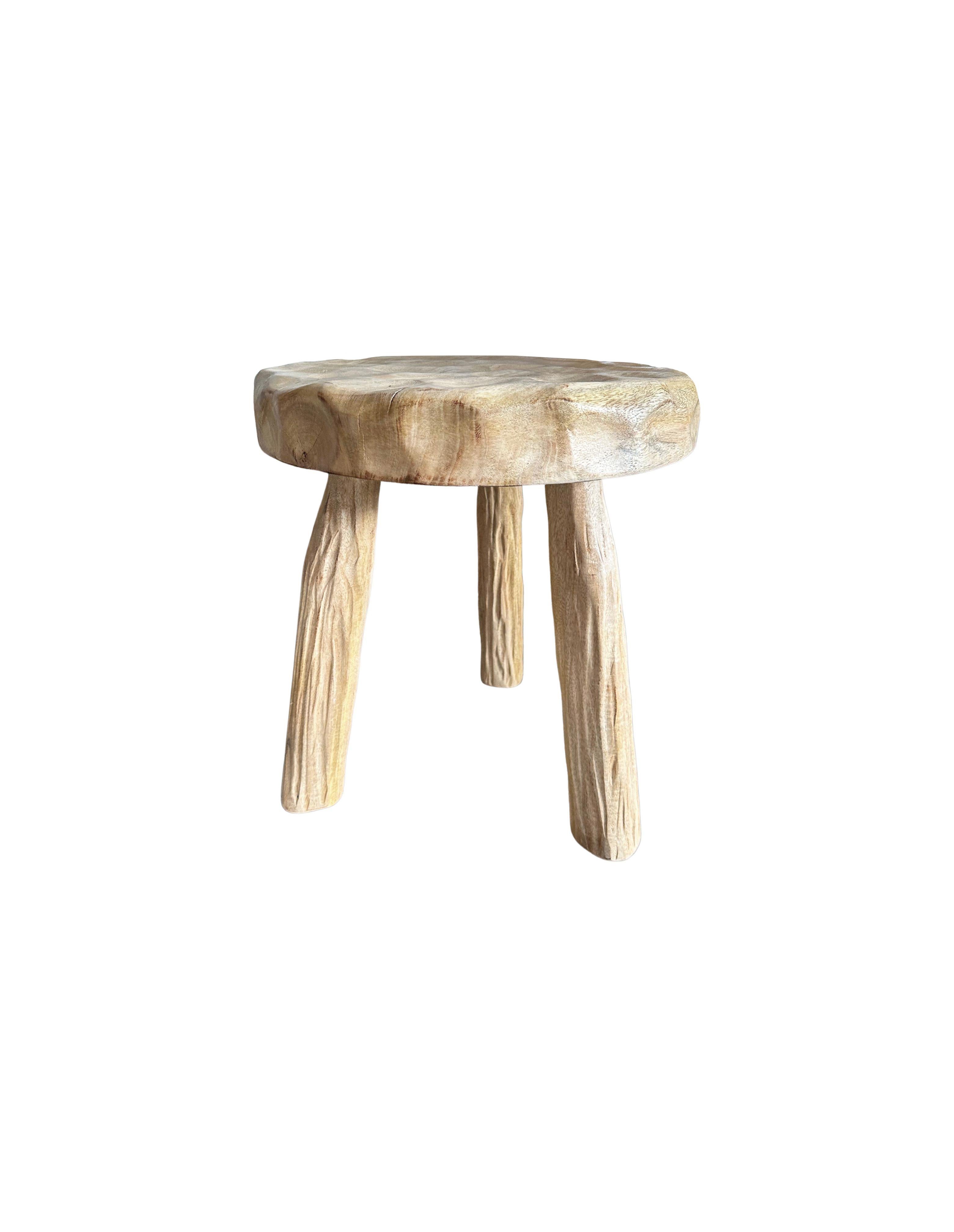 Hand-Crafted Sculptural Stool Solid Mango Wood, Hand-Hewn Detailing, Modern Organic For Sale