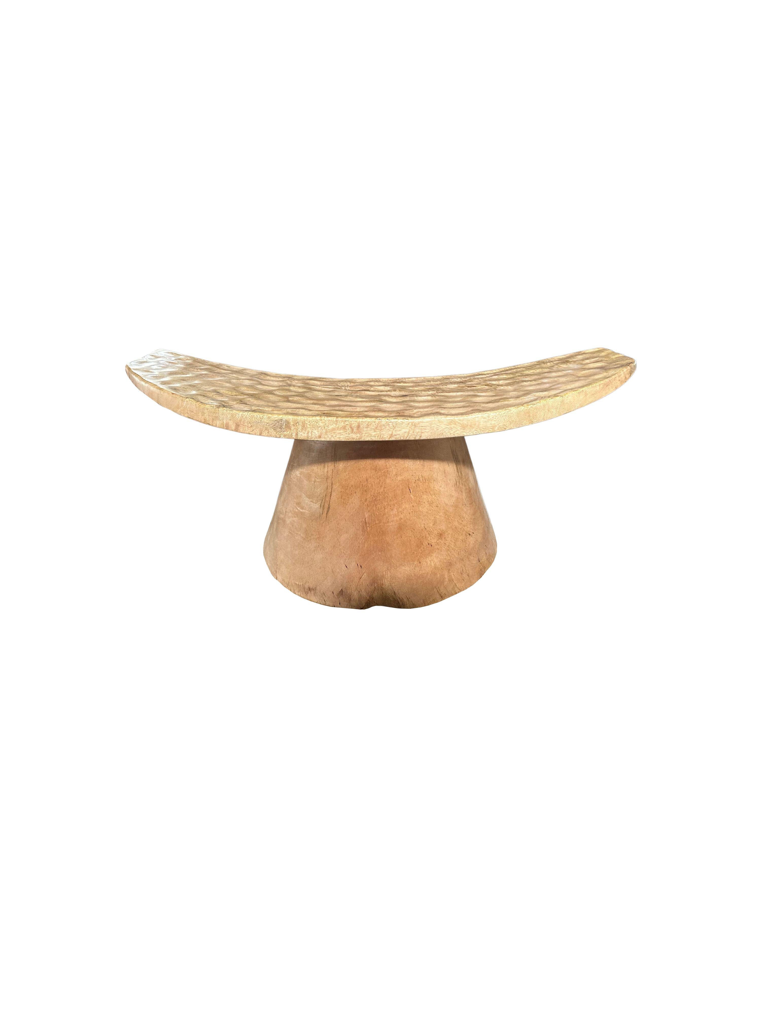 Contemporary Sculptural Stool with Curved Seat & Hand Hewn Detailing, Natural Finish For Sale
