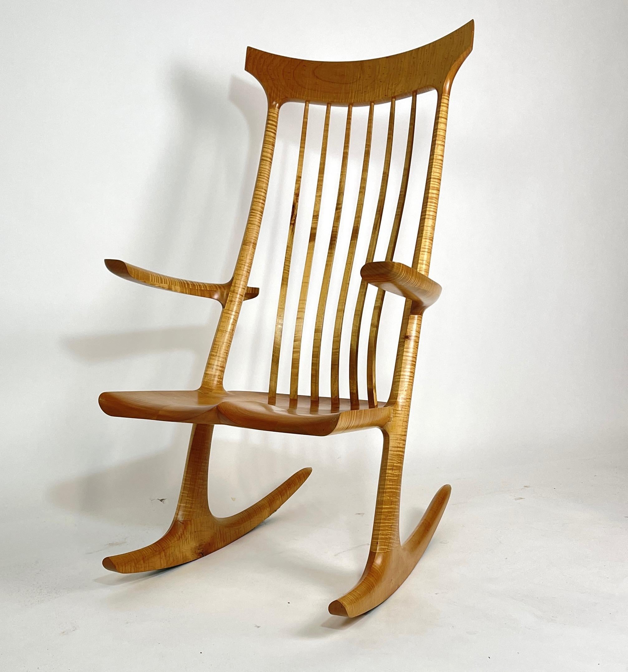 Hand-Carved Sculptural Studio Handcrafted Rocker Rocking Chair in Curly Maple