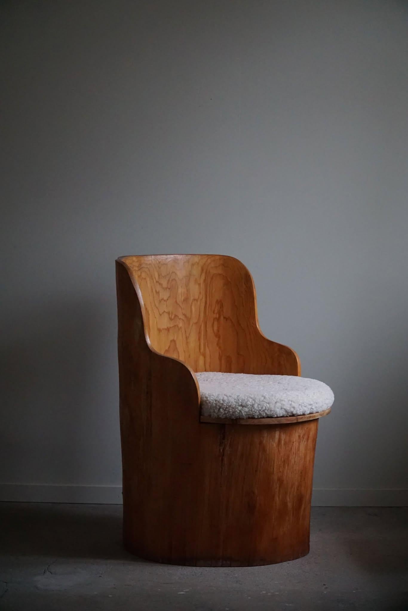 Mid-Century Modern Sculptural Stump Chair in Solid Pine, Wabi Sabi, Swedish Mid Century, 1960s