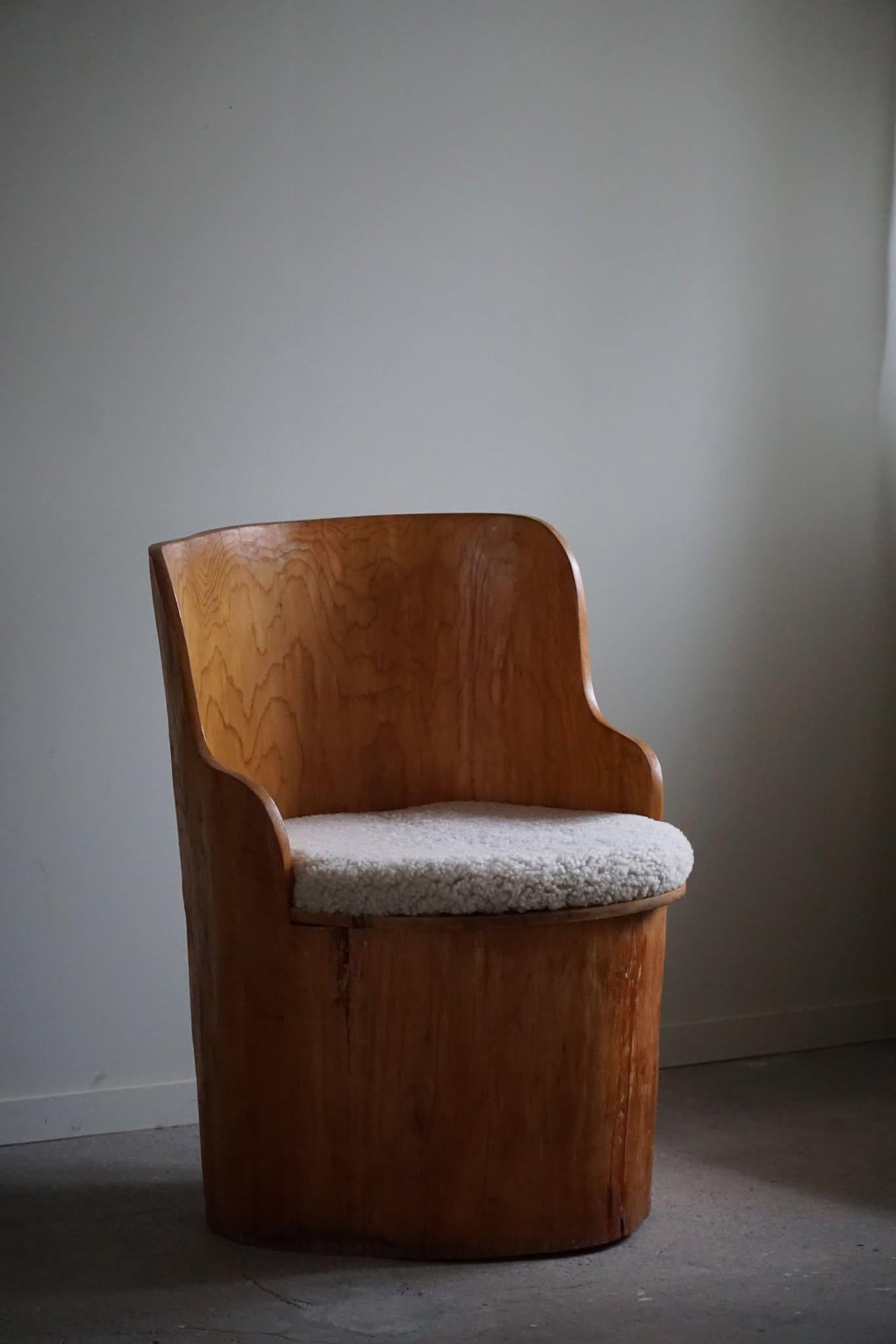 Hand-Crafted Sculptural Stump Chair in Solid Pine, Wabi Sabi, Swedish Mid Century, 1960s