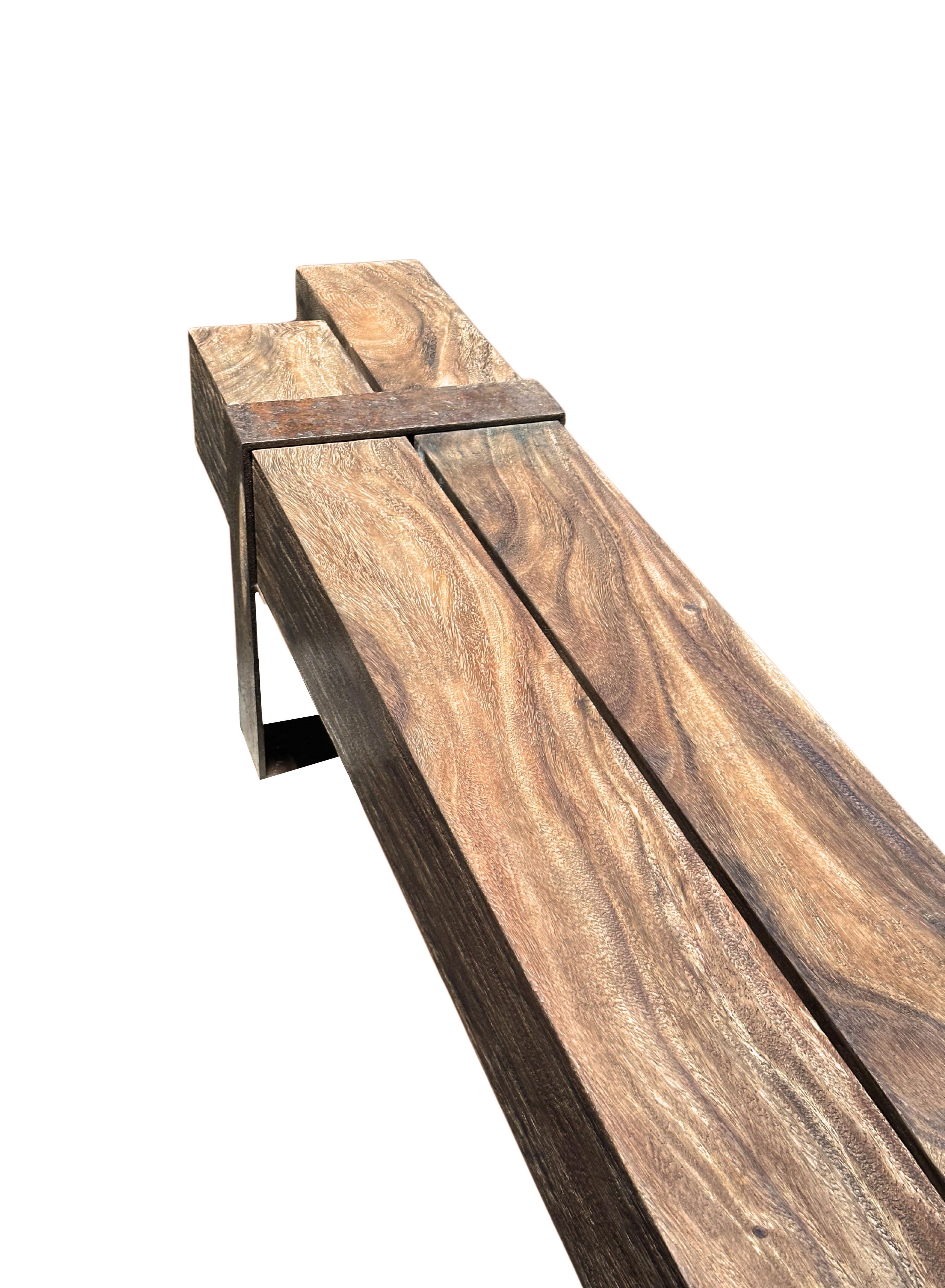 Other Sculptural Suar Wood Bench with Steel legs, Modern Organic For Sale