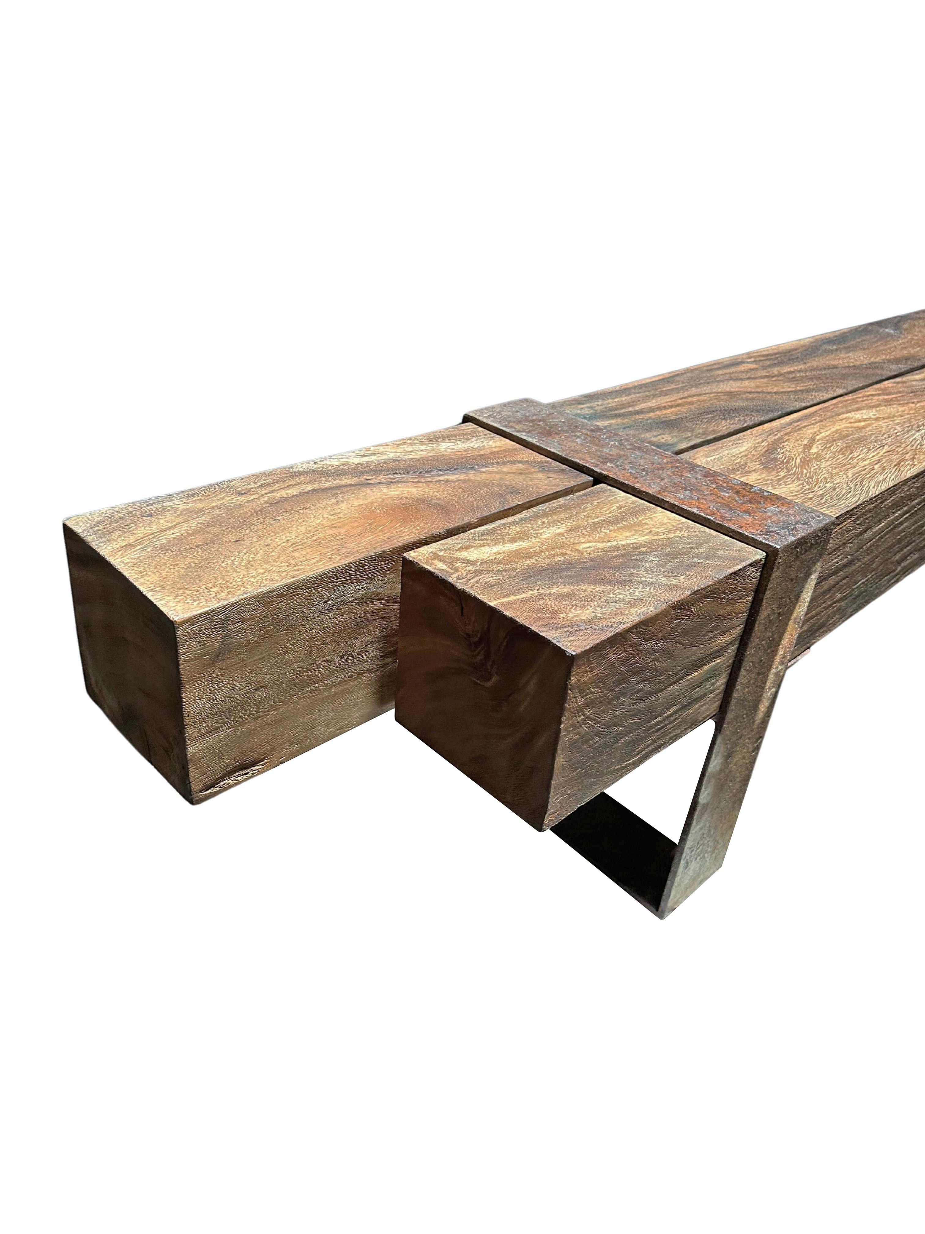 Indonesian Sculptural Suar Wood Bench with Steel legs, Modern Organic For Sale