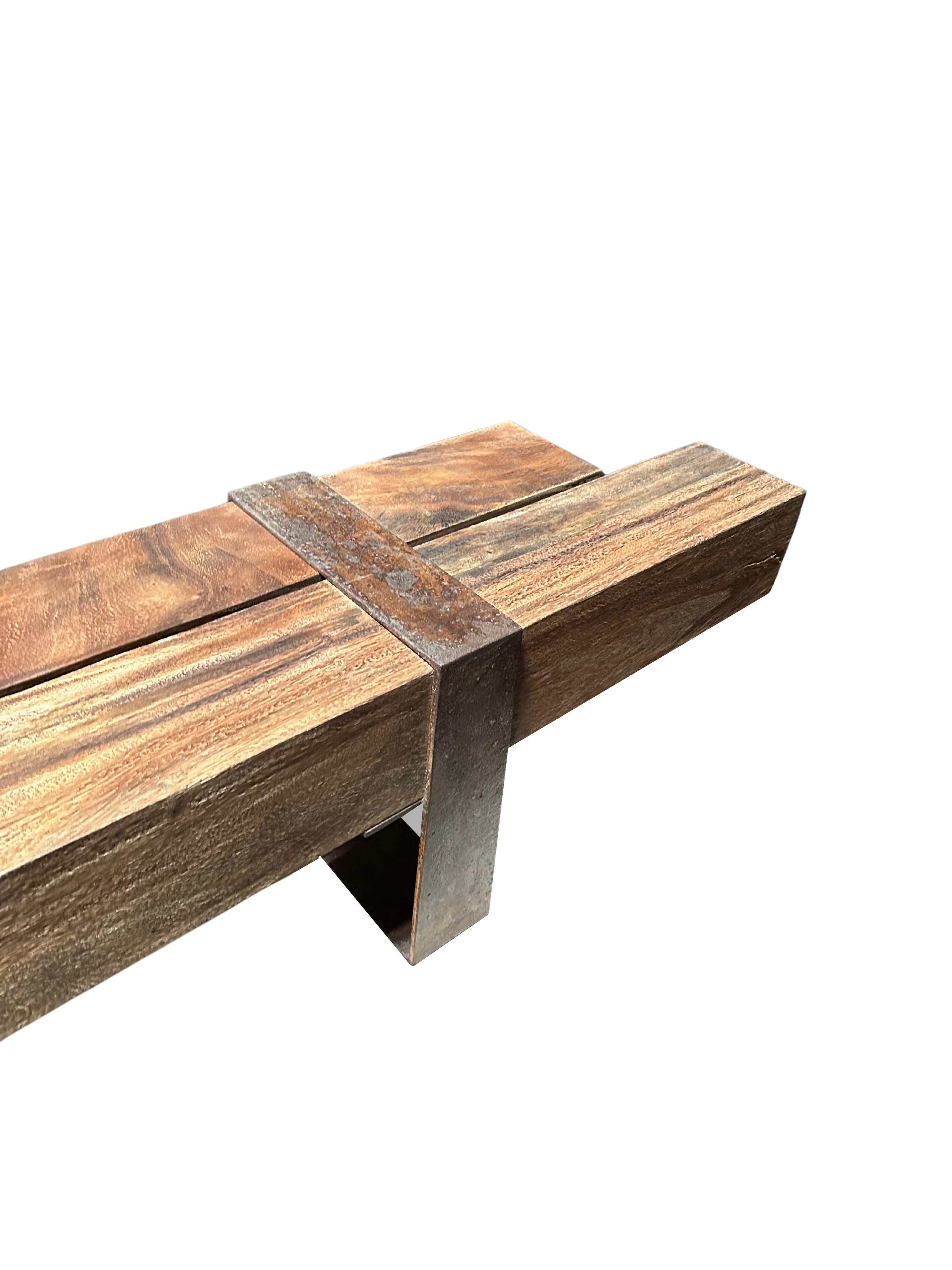 Hand-Carved Sculptural Suar Wood Bench with Steel legs, Modern Organic For Sale