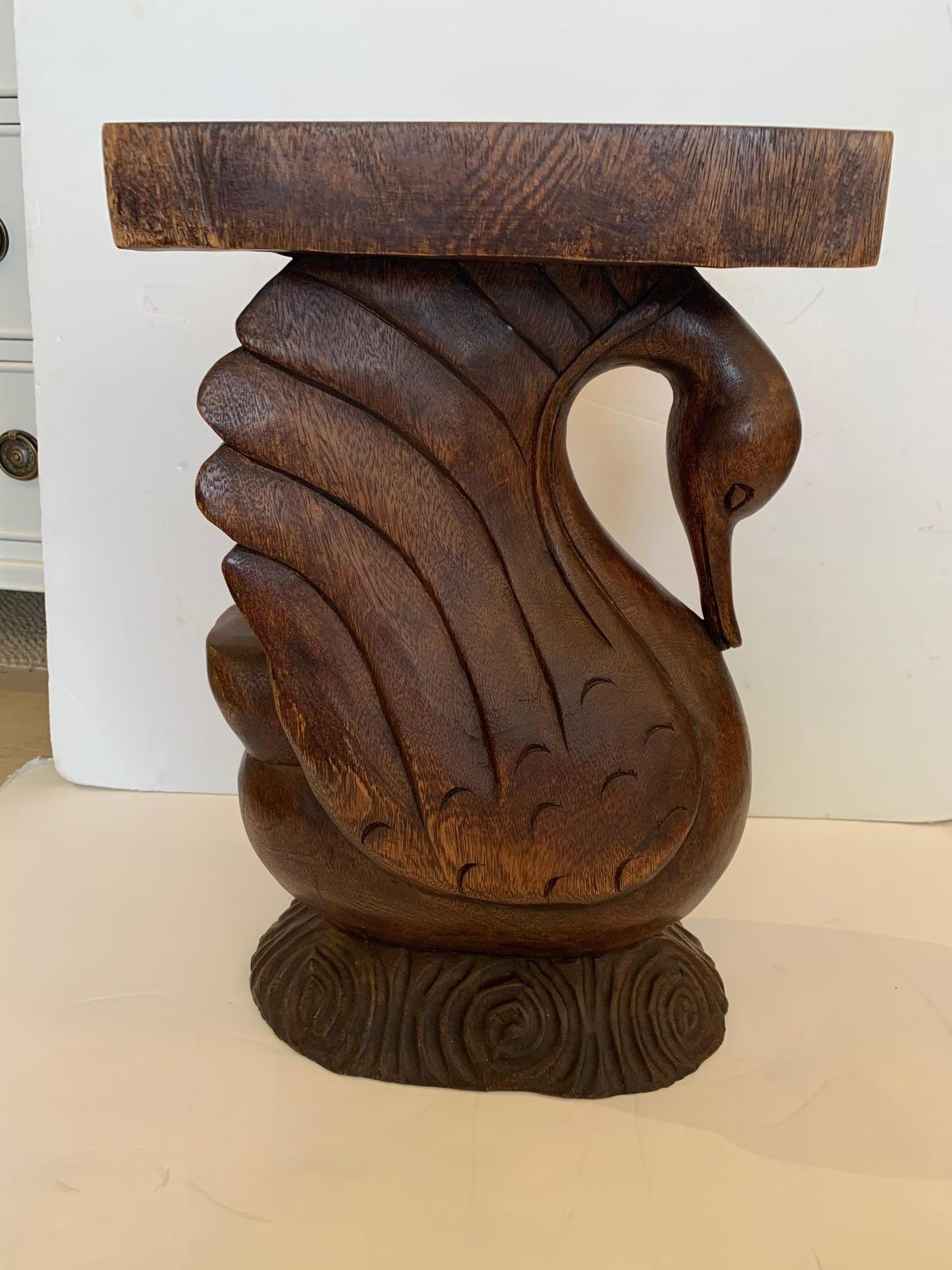 North American Sculptural Swan Motife Carved Wood End Table