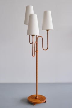 Sculptural Swedish Modern Three Arm Floor Lamp in Elm and Silk,  1930s