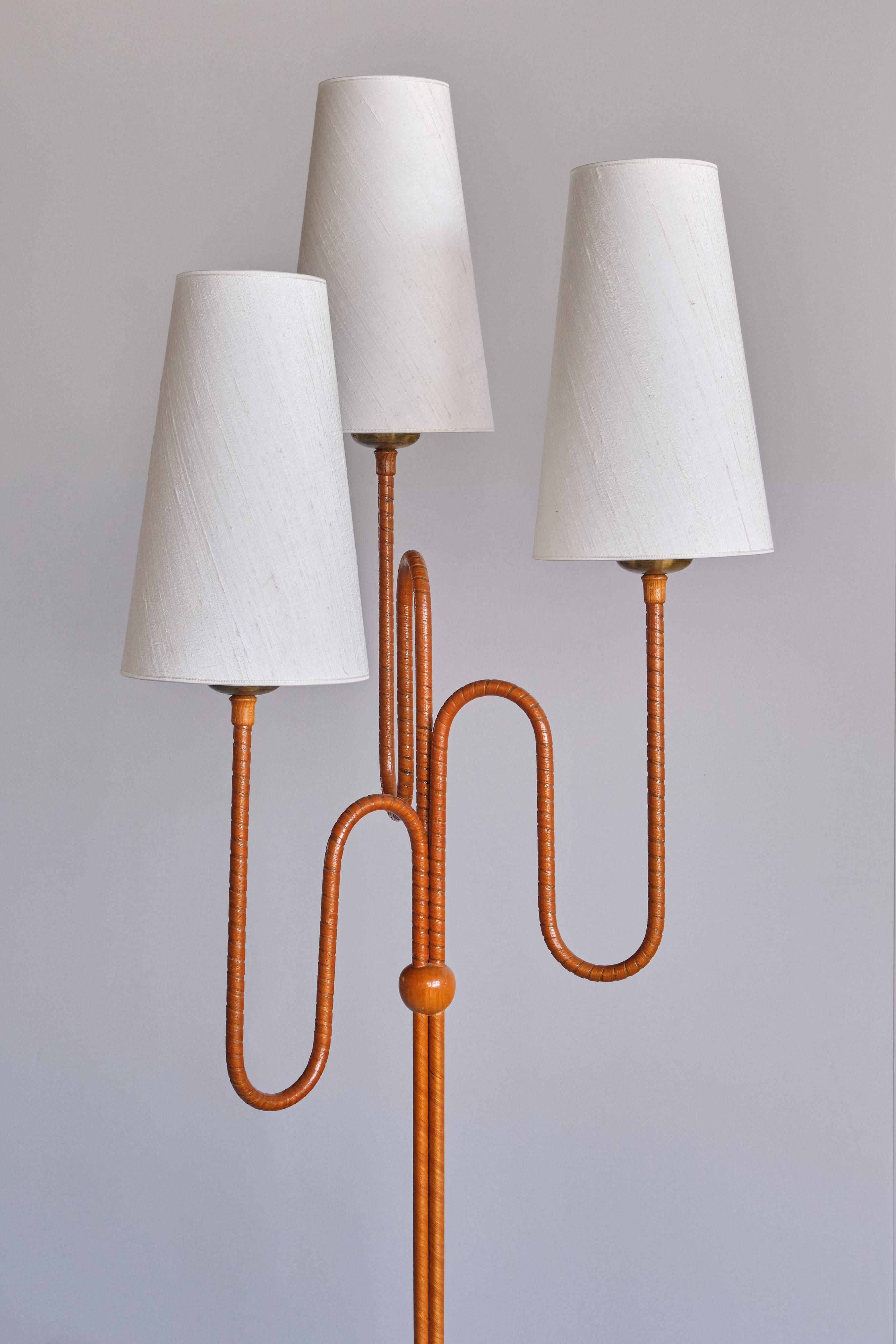 Mid-20th Century Sculptural Swedish Modern Three Arm Floor Lamp in Elm and Silk,  1930s For Sale