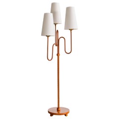 Sculptural Swedish Modern Three Arm Floor Lamp in Elm and Silk, 1930s
