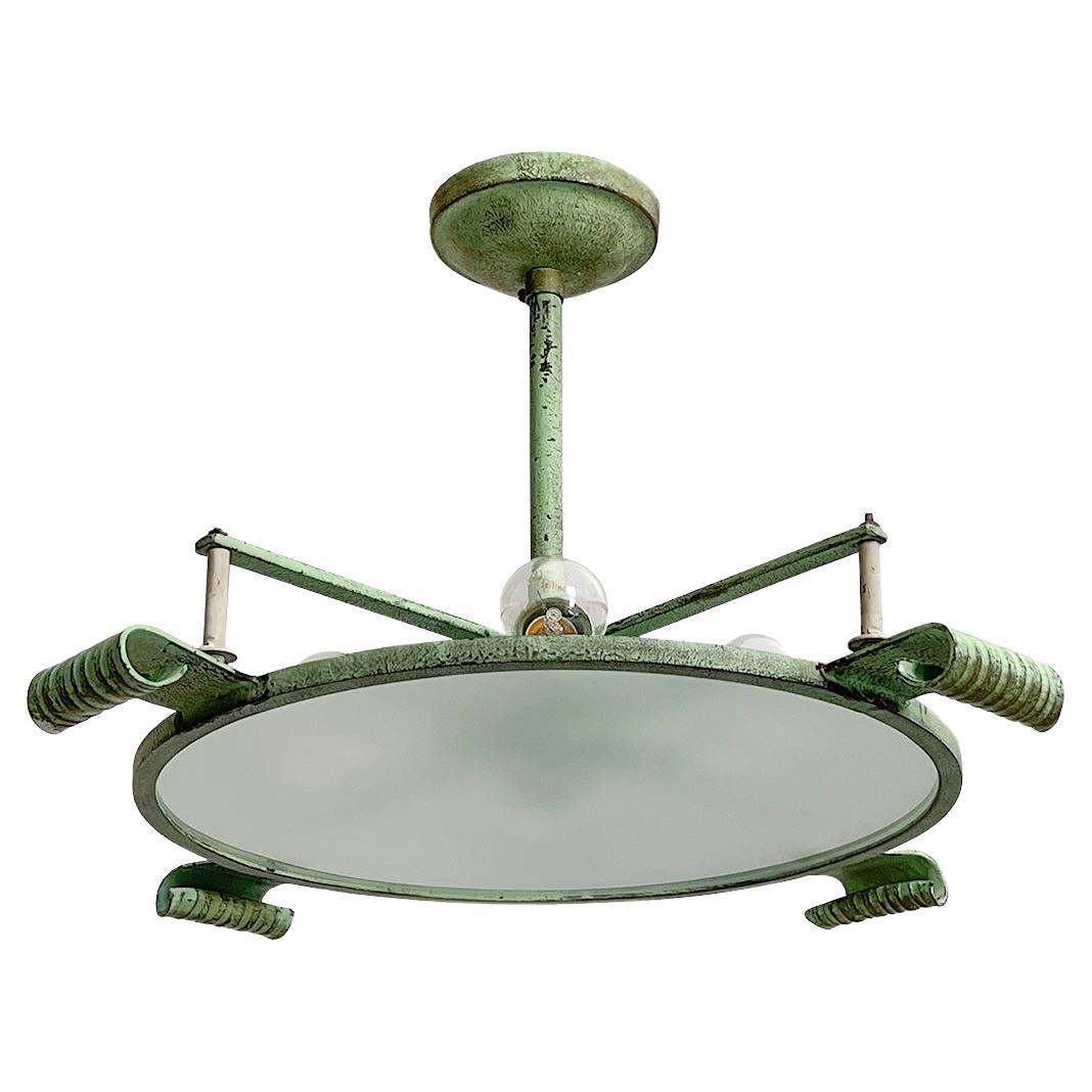 Sculptural Swedish Modernist Ceiling Lamp in Metal and Glass, 1920s