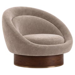 Sculptural Swivel Lounge Chair in Soft Alpaca Velvet and Walnut Base