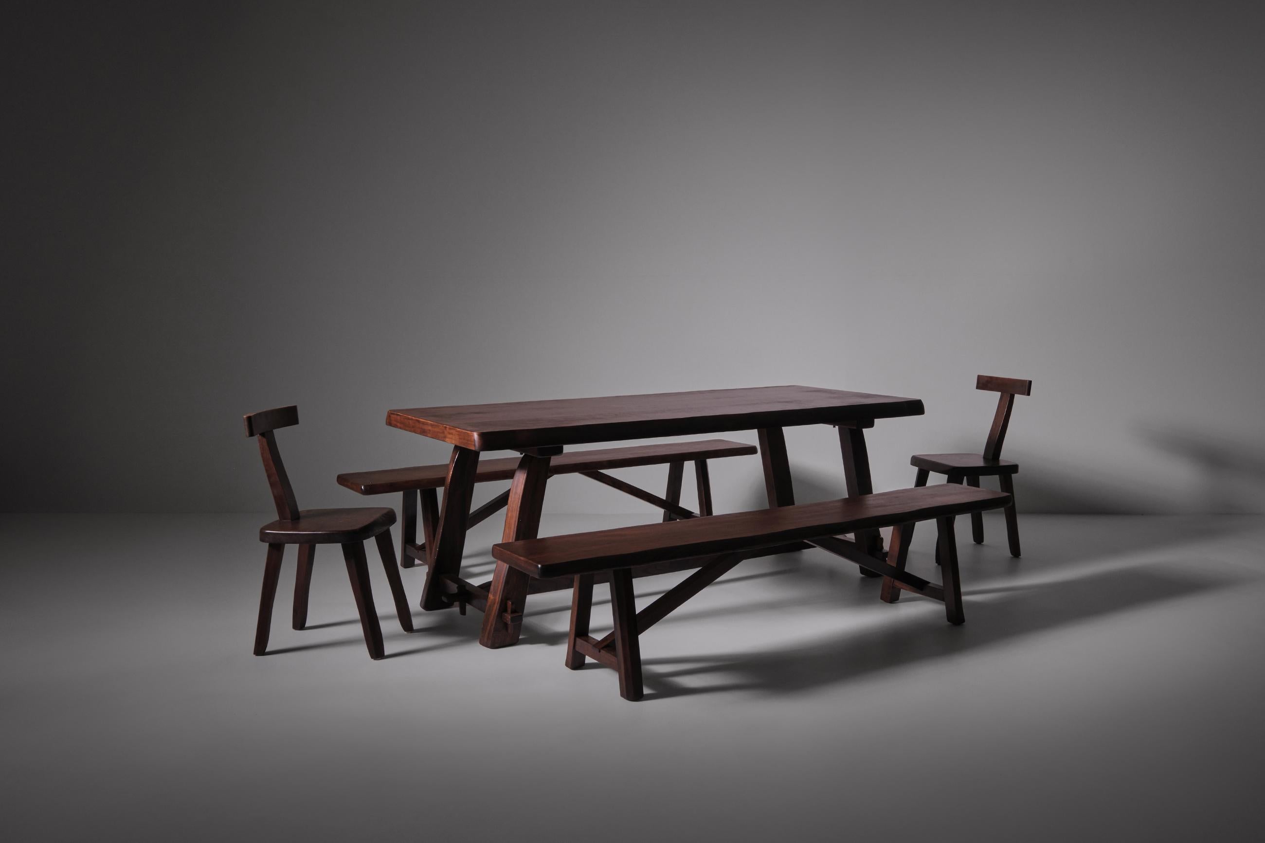Sculptural Table and Benches in Stained Elm For Sale 6