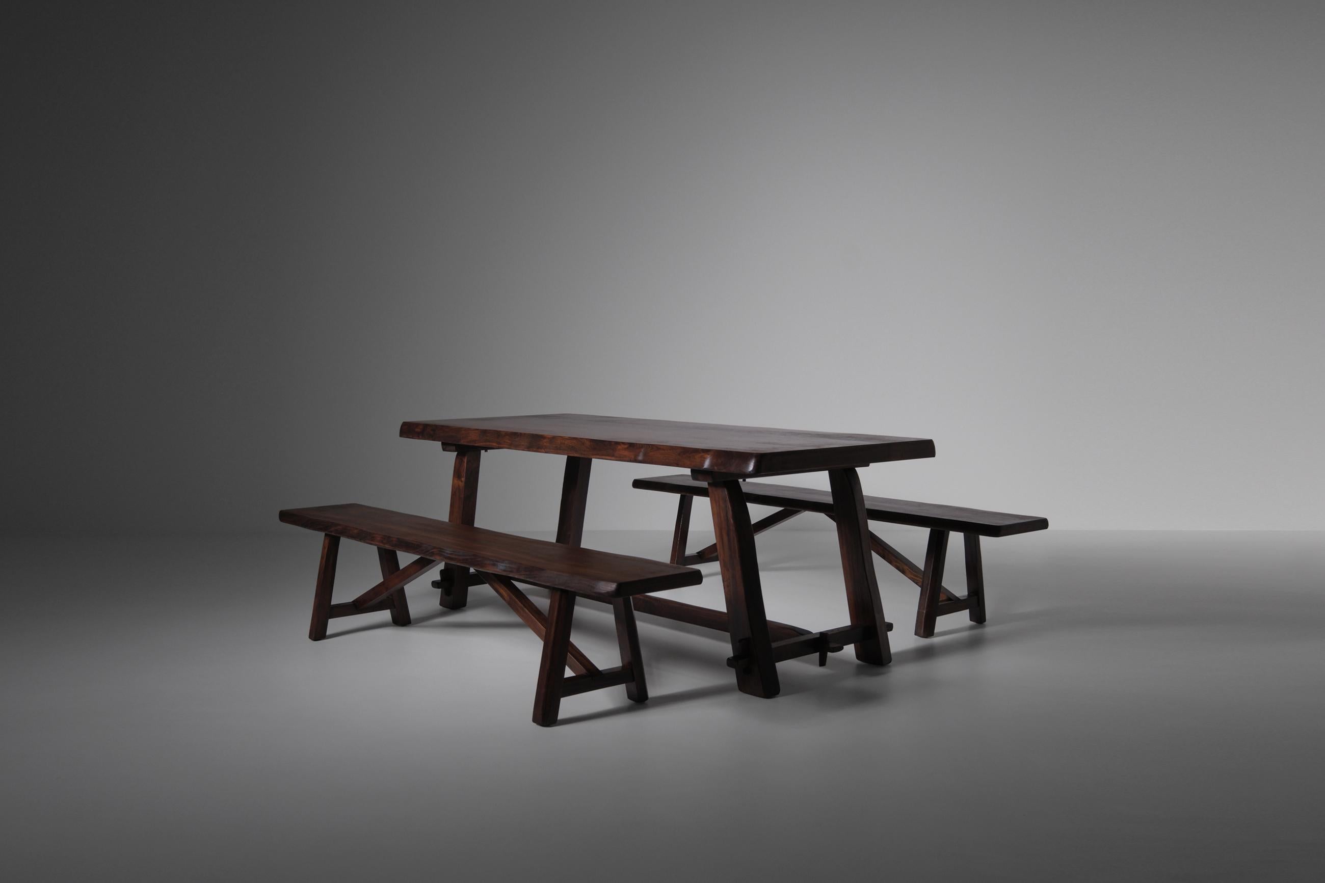 Sculptural Table and Benches in Stained Elm For Sale 9