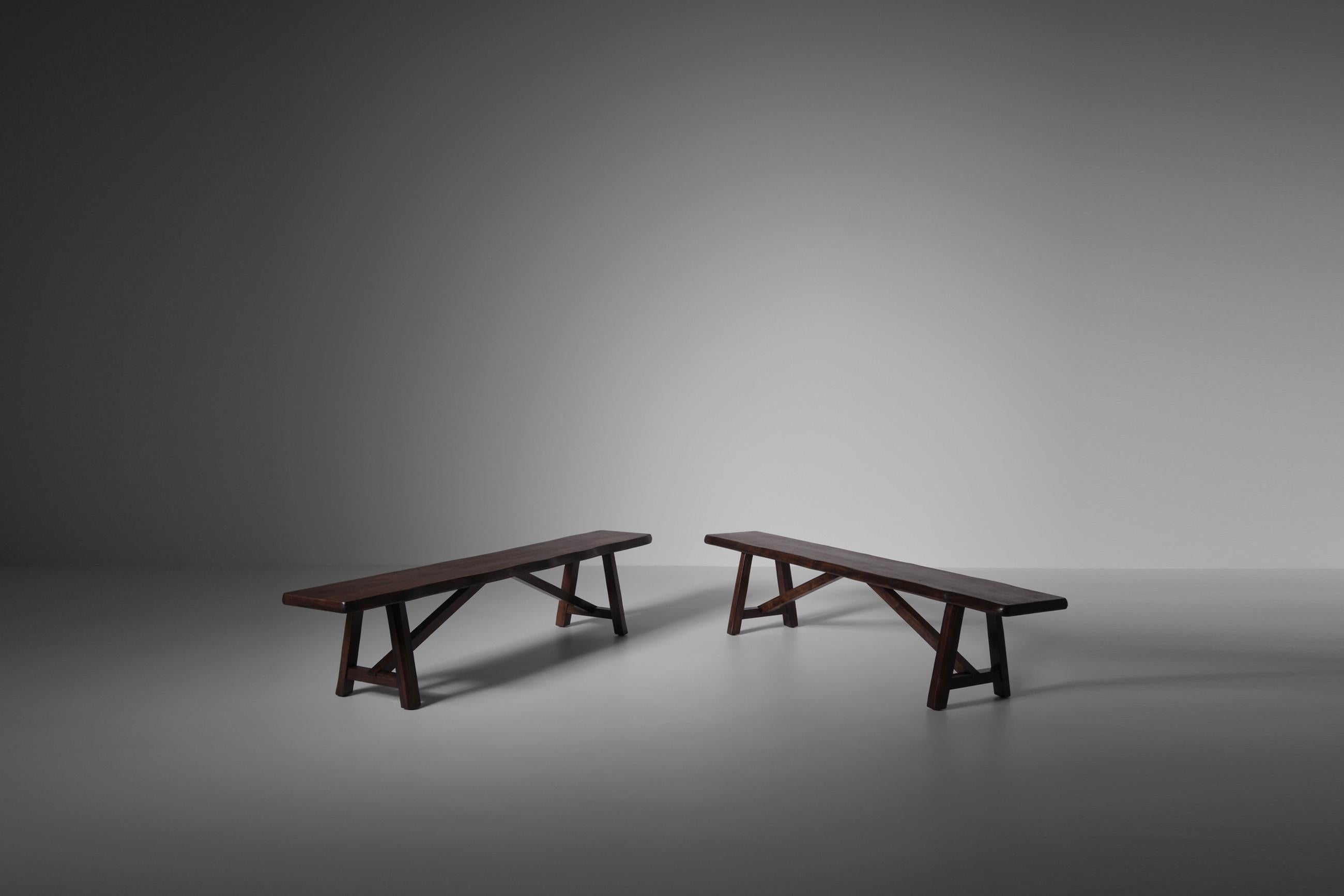 French Sculptural Table and Benches in Stained Elm For Sale