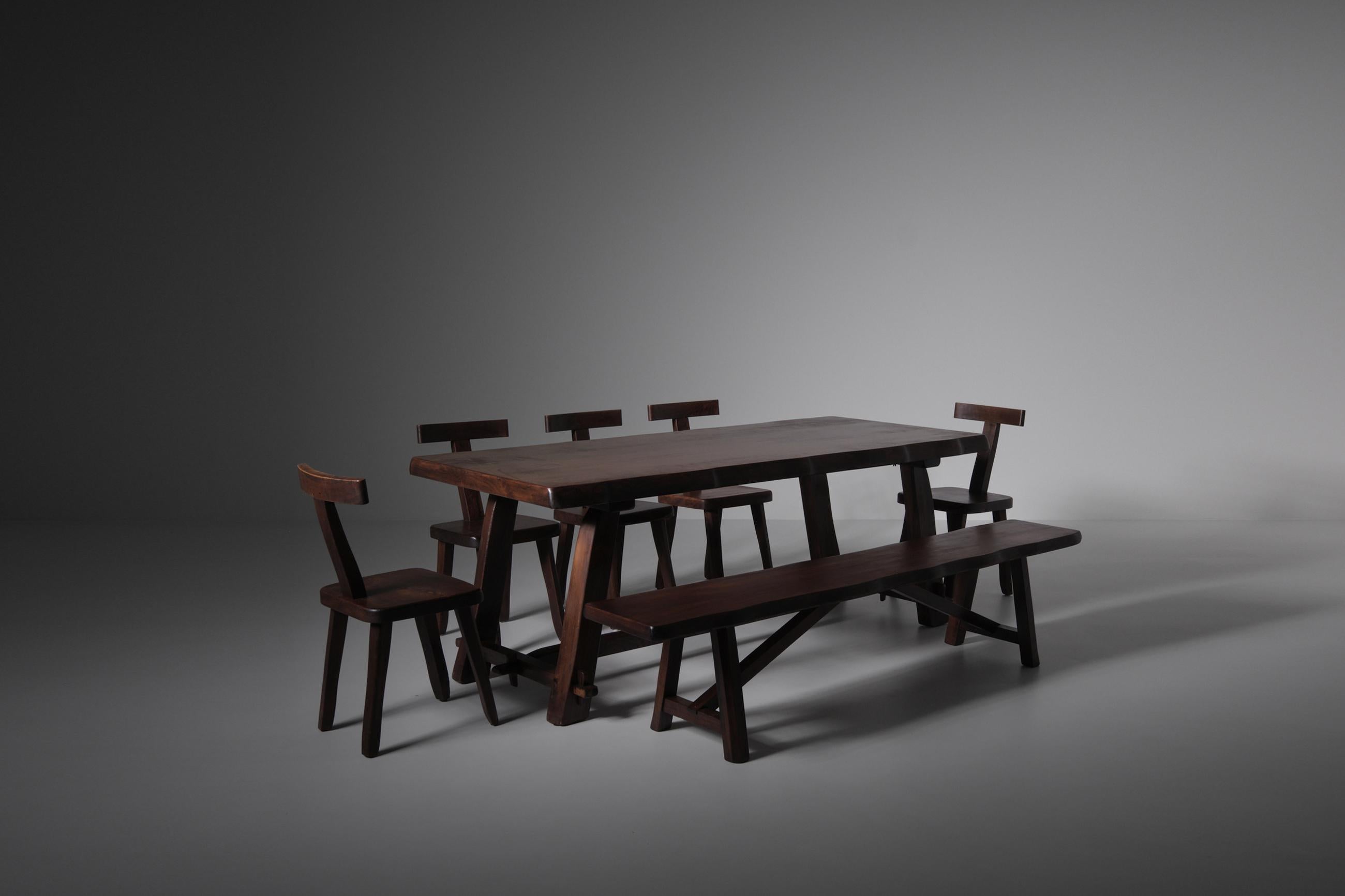 Sculptural Table and Benches in Stained Elm For Sale 3