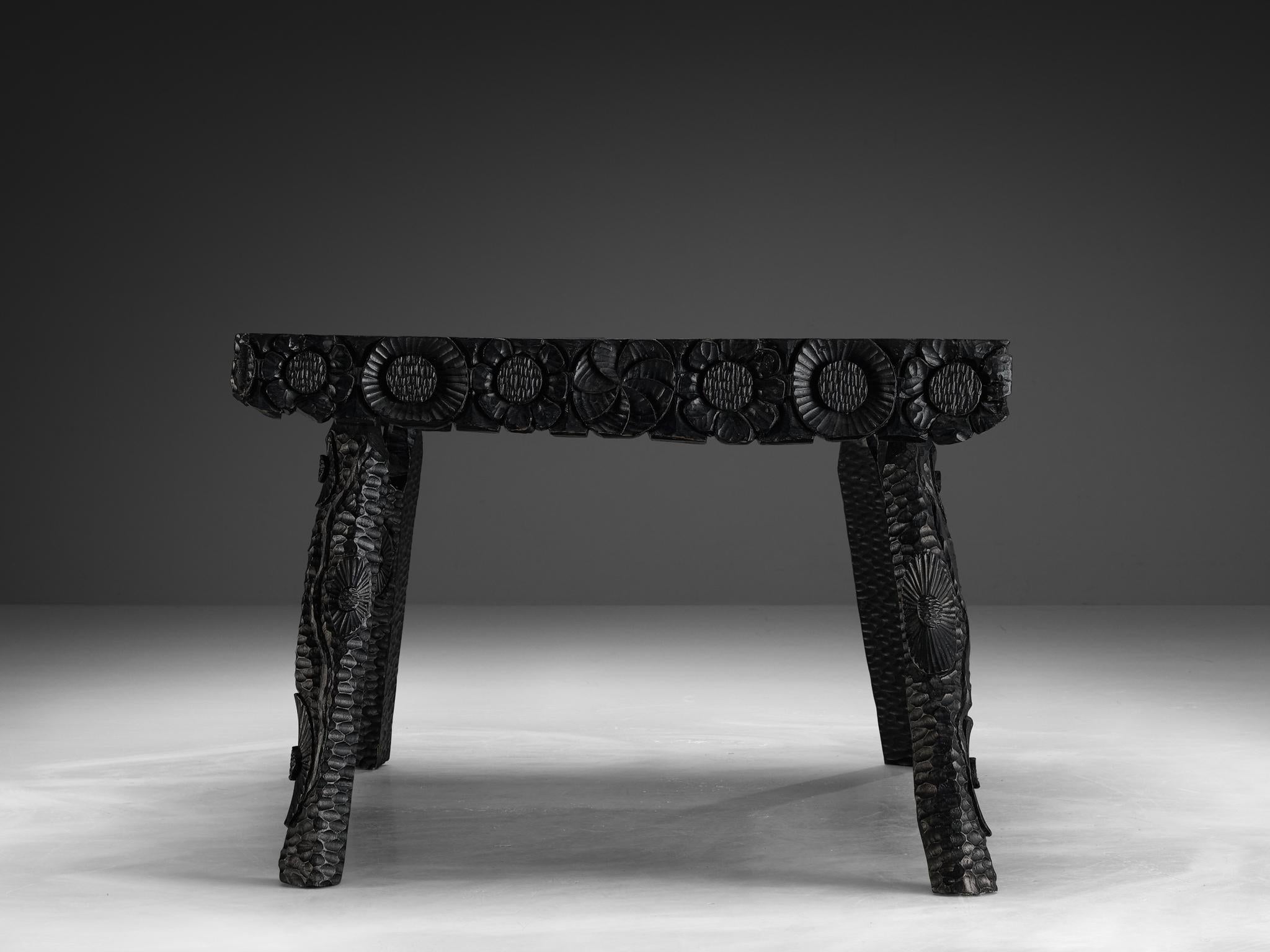 Belgian Sculptural Table in Black Lacquered Wood with Decorative Carvings  For Sale