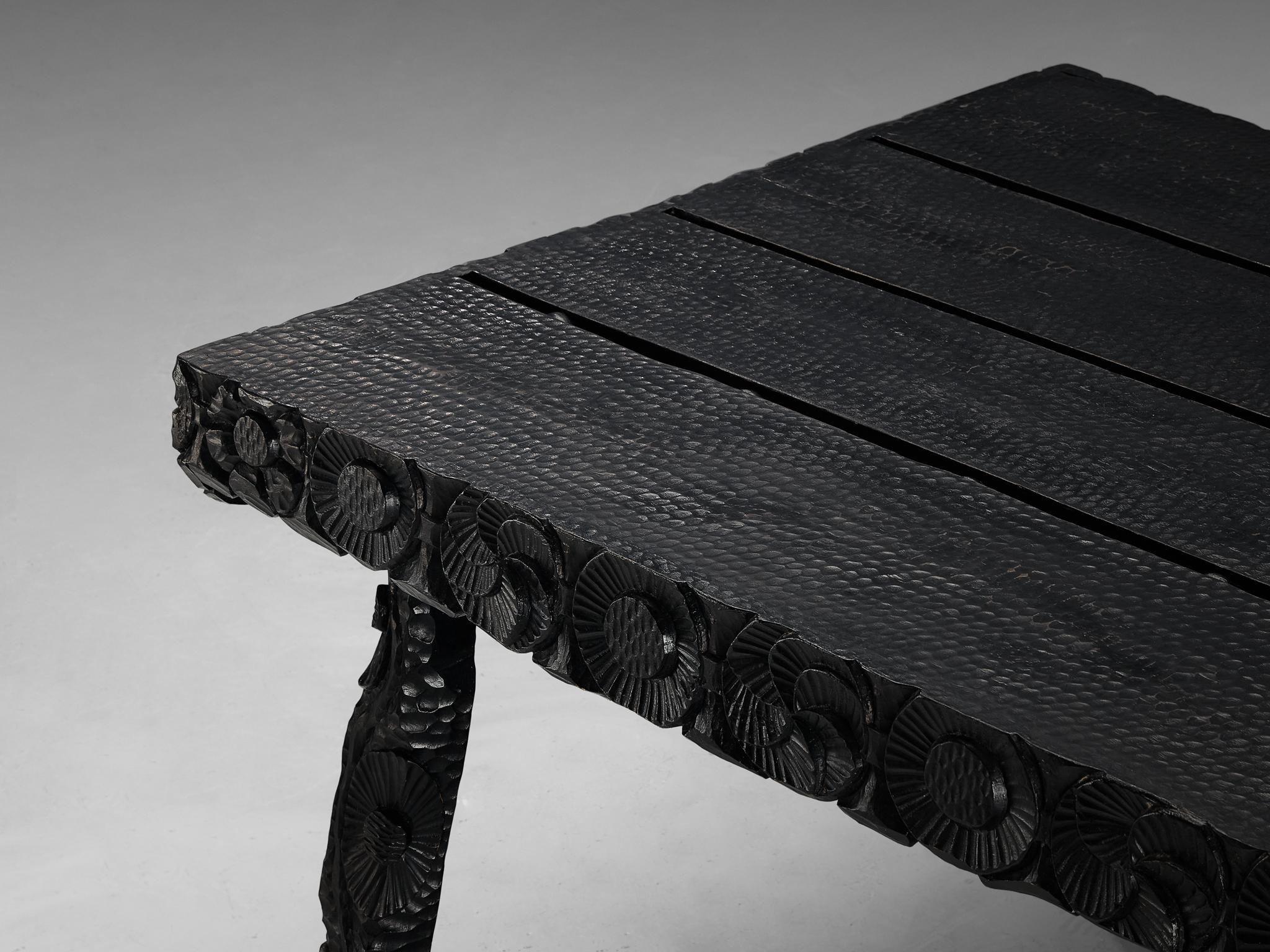 Sculptural Table in Black Lacquered Wood with Decorative Carvings  For Sale 3