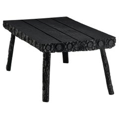 Retro Sculptural Table in Black Lacquered Wood with Decorative Carvings 