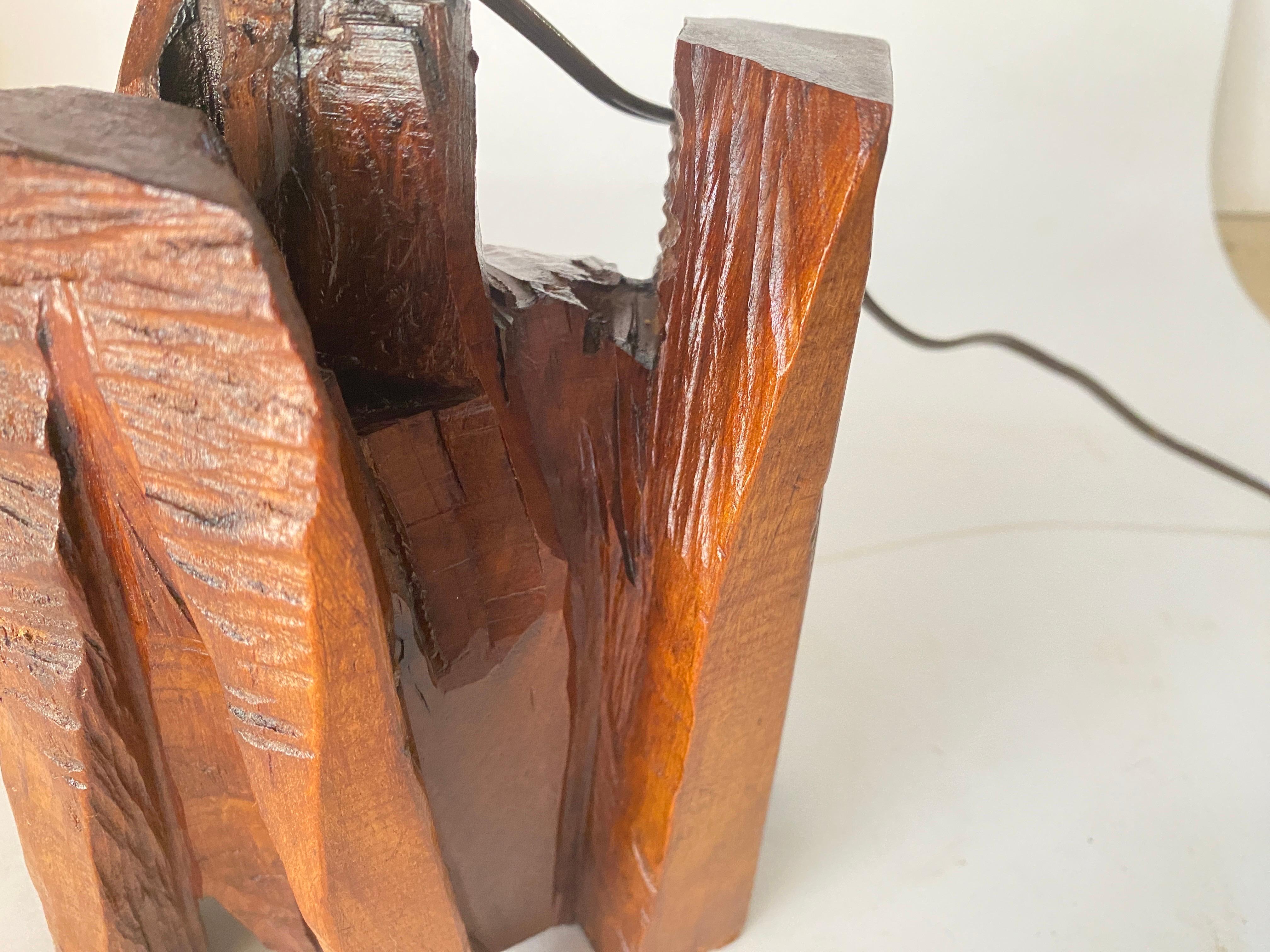 French Sculptural Table Lamp Carved  in a Wood Block France 1950