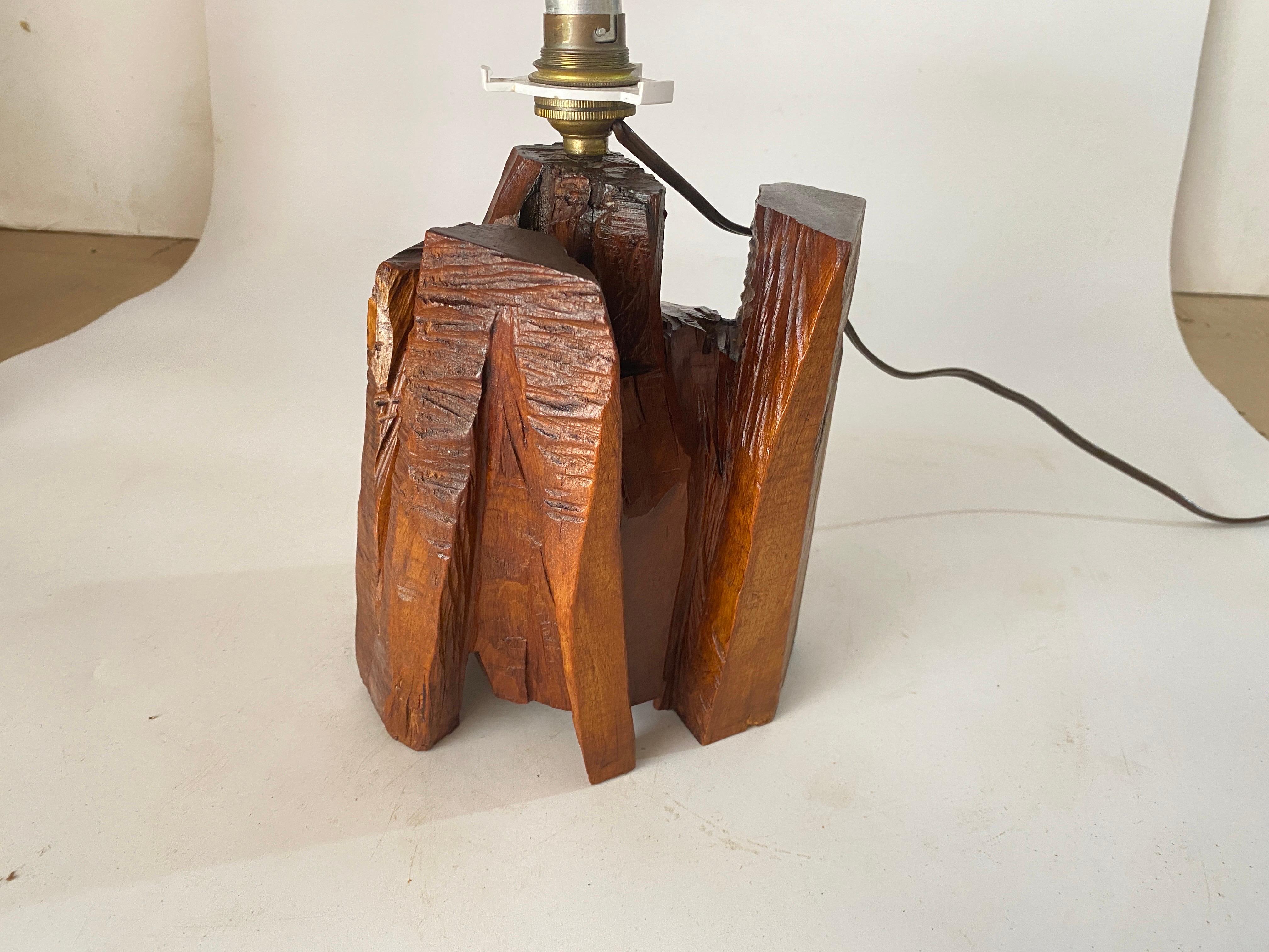 Hand-Carved Sculptural Table Lamp Carved  in a Wood Block France 1950