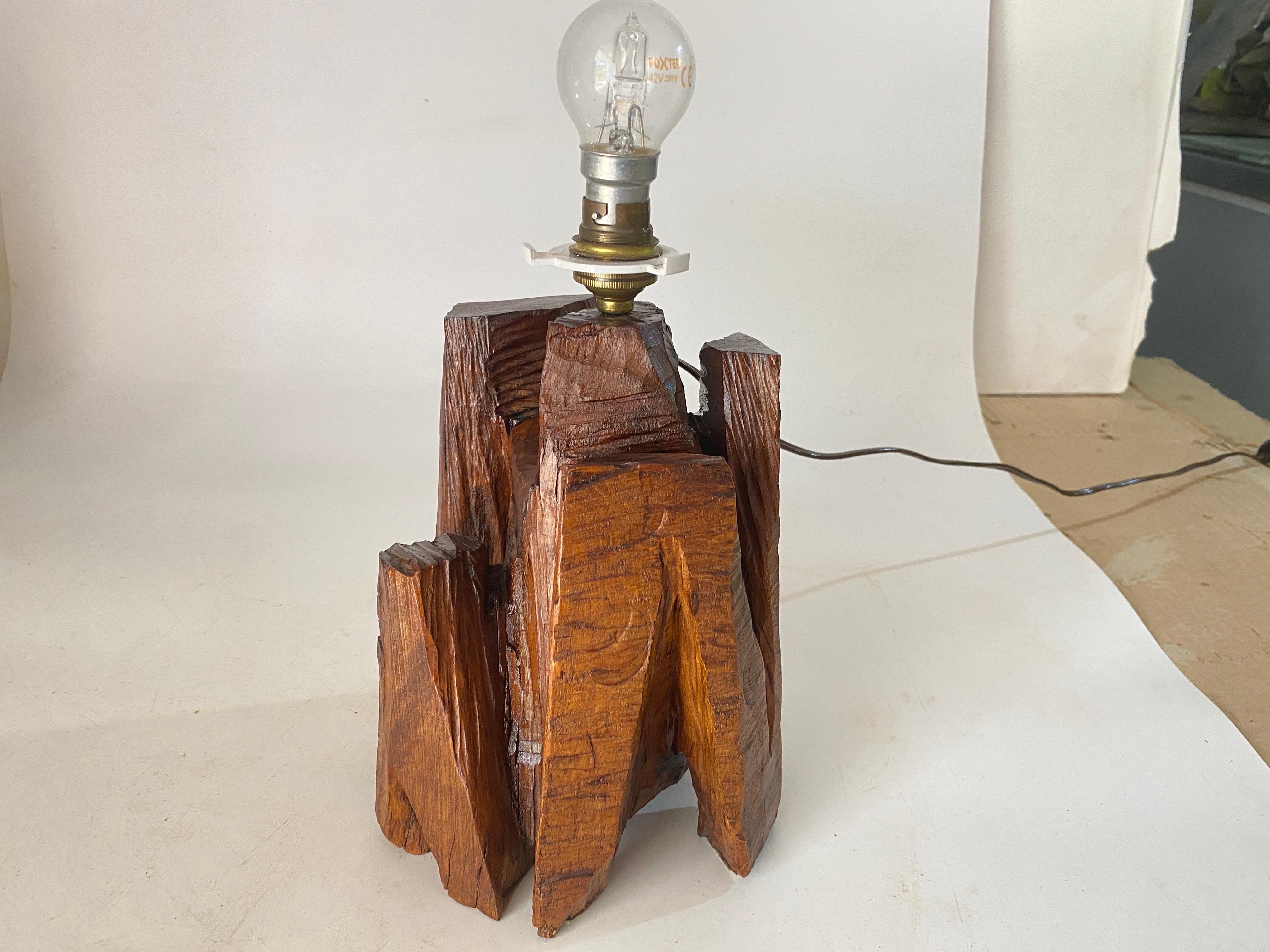 Mid-20th Century Sculptural Table Lamp Carved  in a Wood Block France 1950
