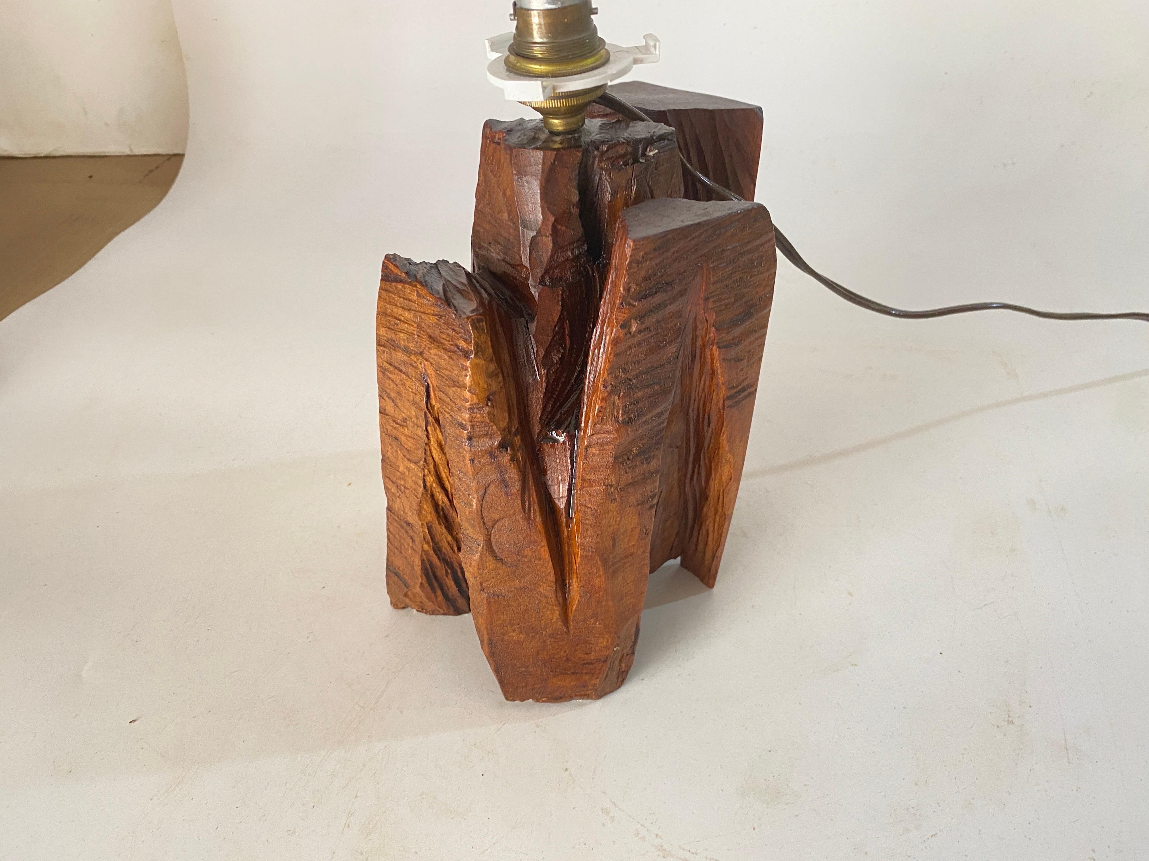 Sculptural Table Lamp Carved  in a Wood Block France 1950 1