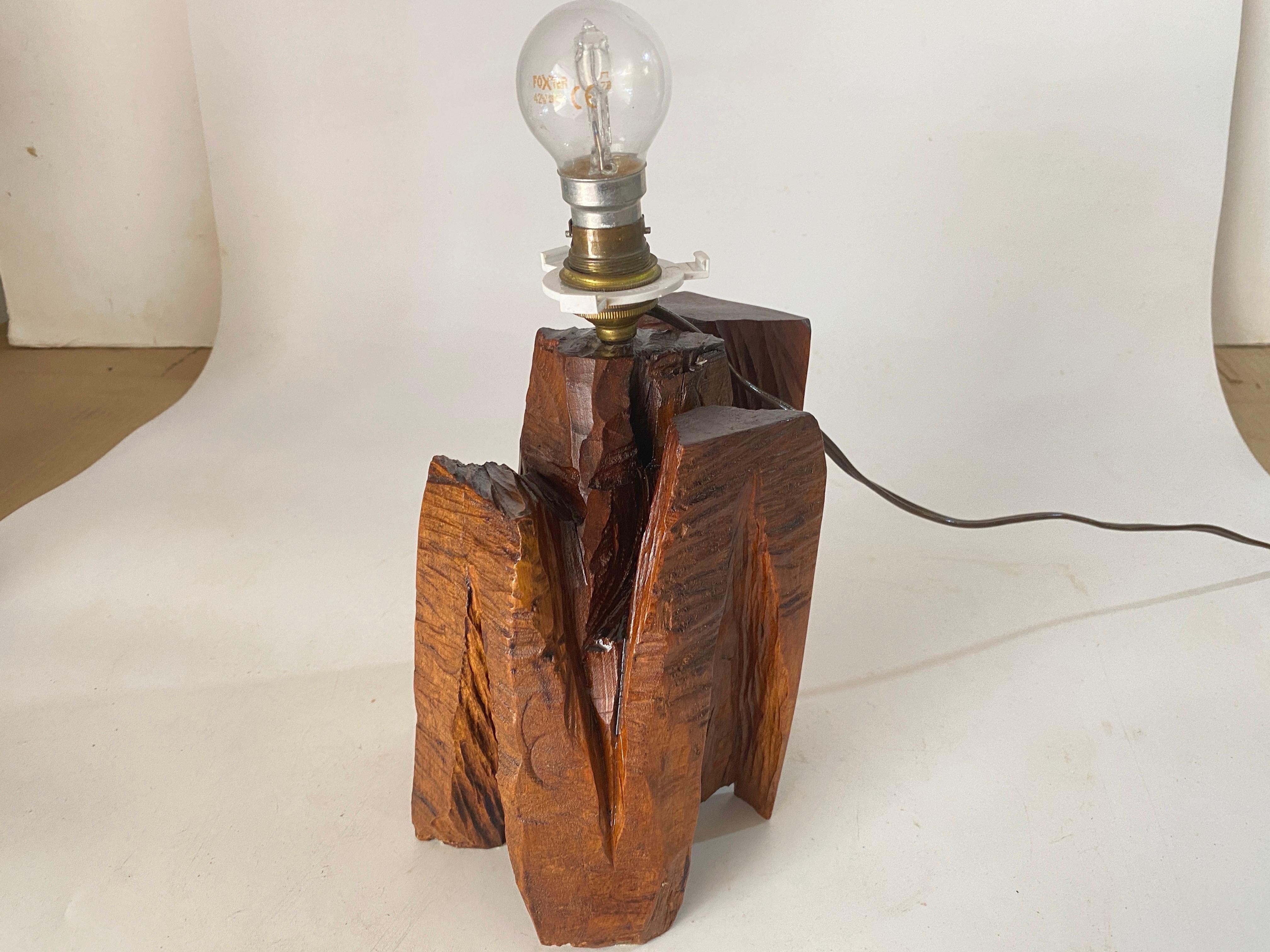 Sculptural Table Lamp Carved  in a Wood Block France 1950 2