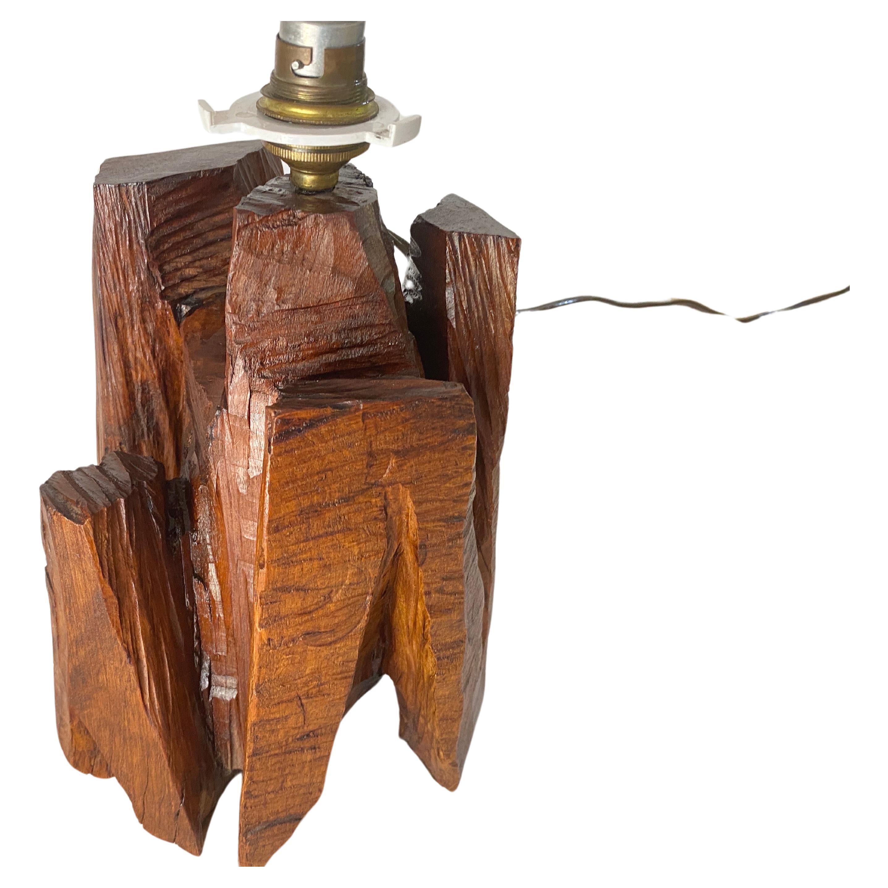 Brutalist Sculptural Table Lamp Carved  in a Wood Block France 1950