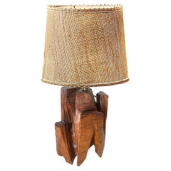 Sculptural Table Lamp Carved in a Wood Block France 1950