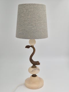 Sculptural table lamp in alabaster with decor of fish/dolphin, Swedish Grace
