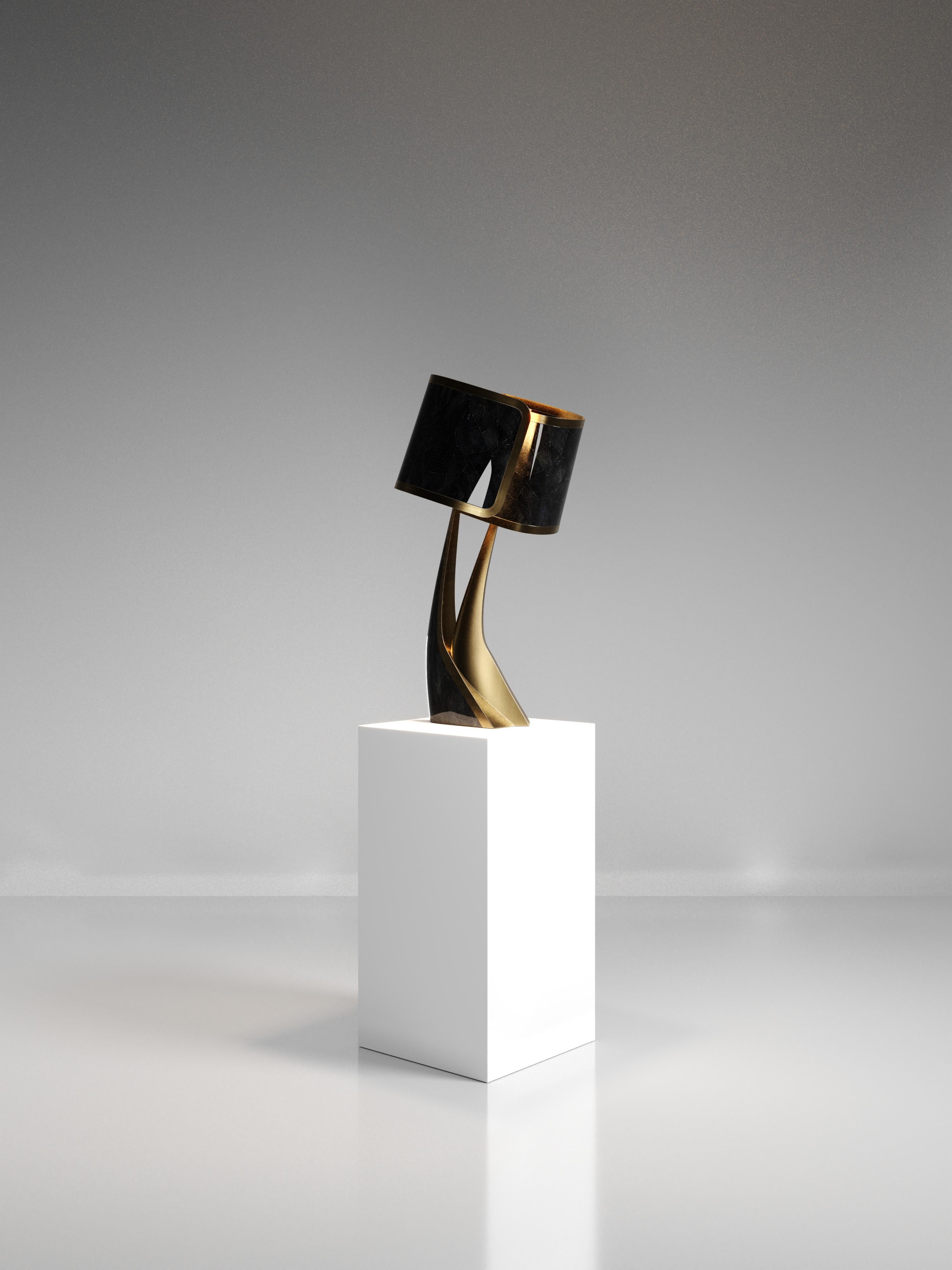 French Sculptural Table Lamp in Shell Inlay and Bronze-Patina Brass by Kifu Paris For Sale