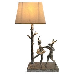  Sculptural table lamp, hare & ballet dancer, handcrafted  