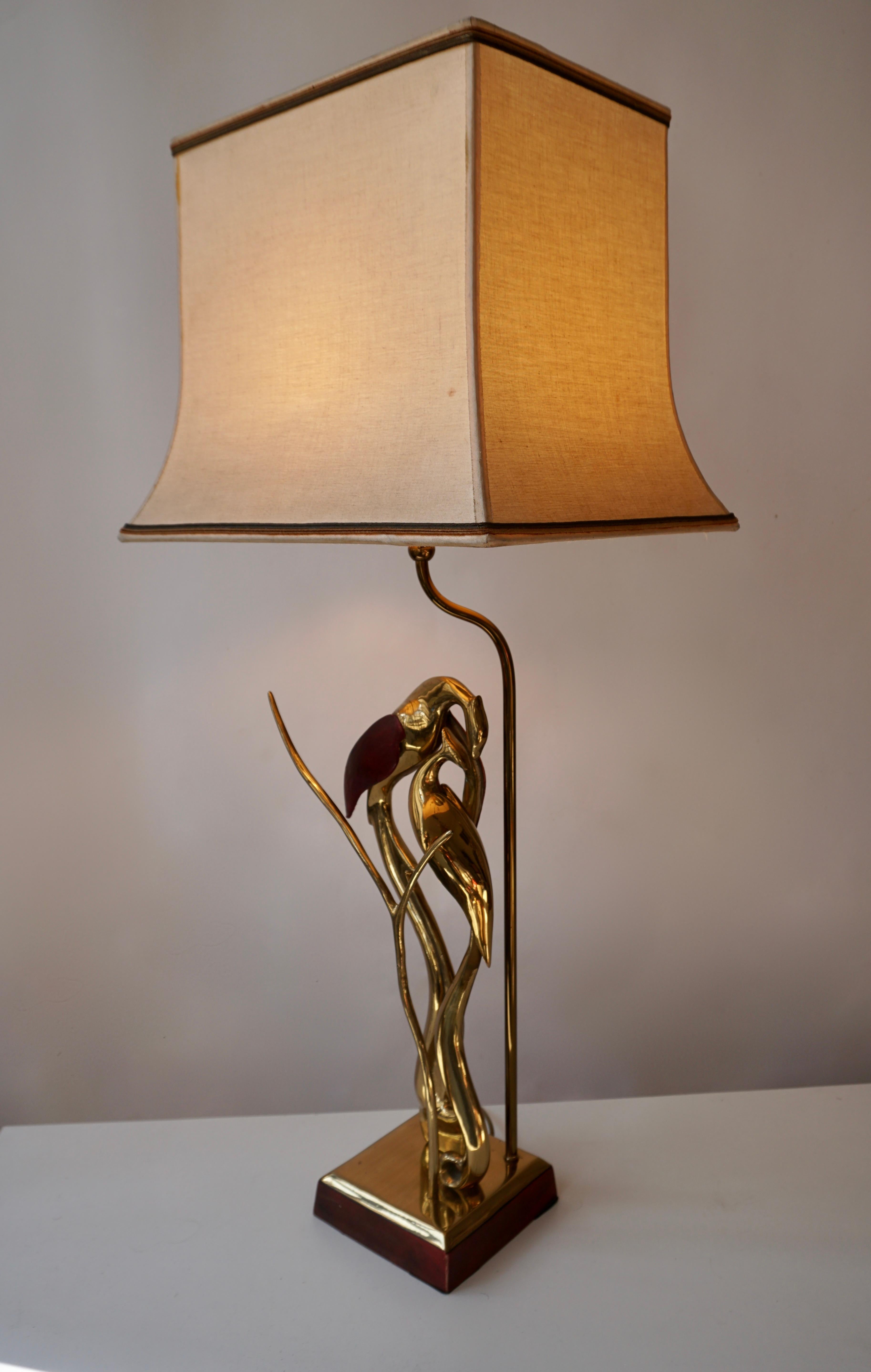 This beautiful sculptural bird lamp is made of brass with leather wings, circa 1970.
Measures: Height 82 cm.
Width 35 cm.
Depth 28 cm.